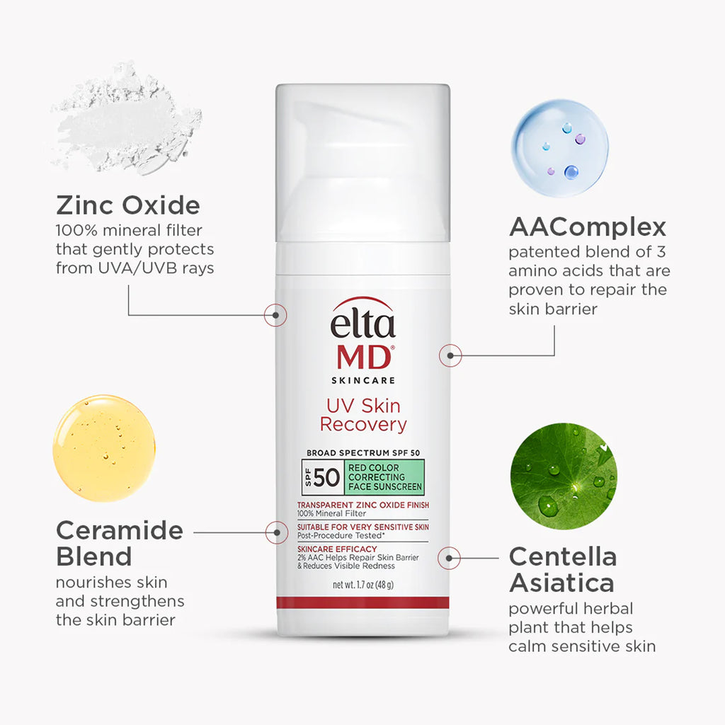Eltma MD UV Skin Recovery sunscreen bottle with labeled ingredients on a white background