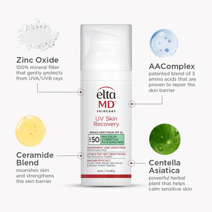 Eltma MD UV Skin Recovery sunscreen bottle with labeled ingredients on a white background