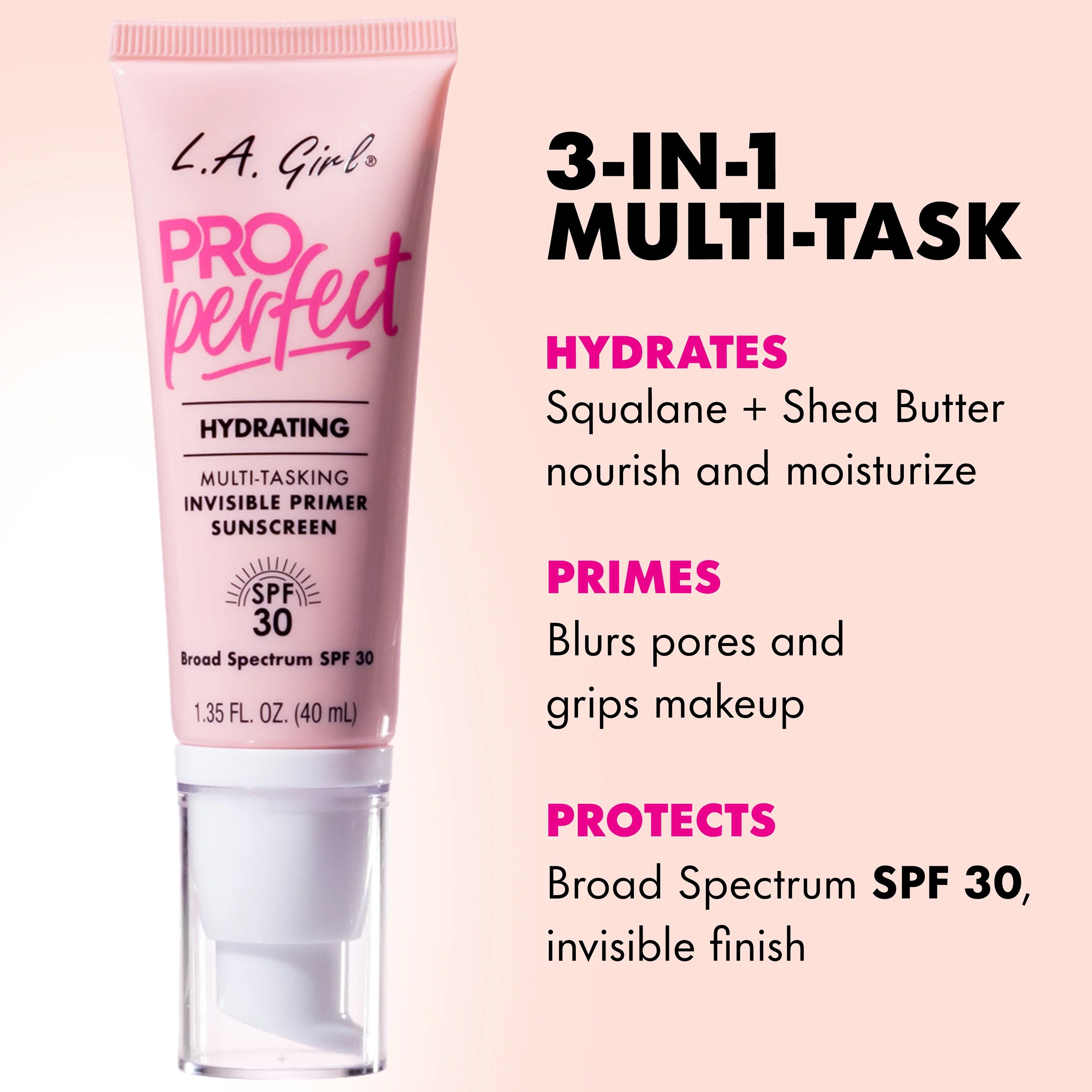 L.A. Girl Pro Perfect multi-tasking primer with SPF 30 on a pink background