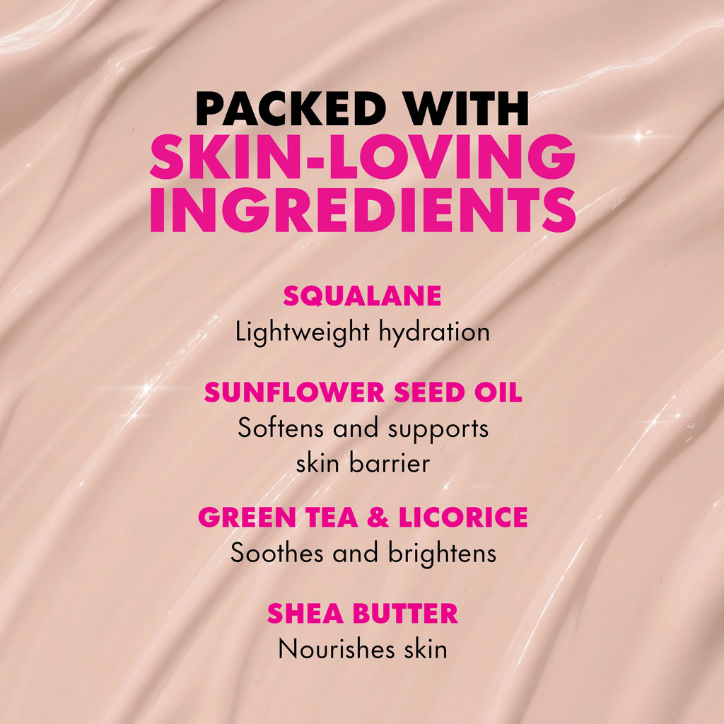 A close-up of a smooth, pale pink cream or lotion texture with text overlay reading 'PACKED WITH SKIN-LOVING INGREDIENTS' and ingredient names including squalane, sunflower seed oil, green tea & licorice, and shea butter.