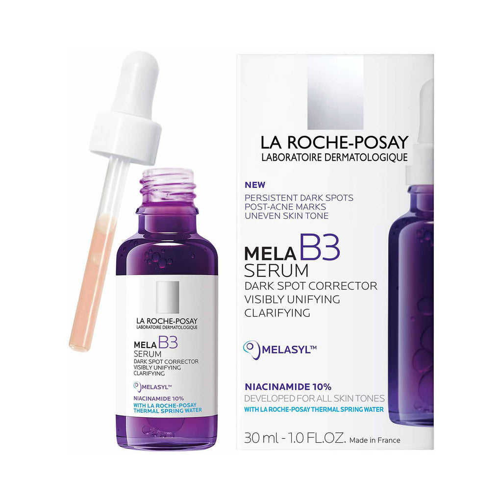 La Roche-Posay Mela B3 Serum with dropper and packaging on a white background