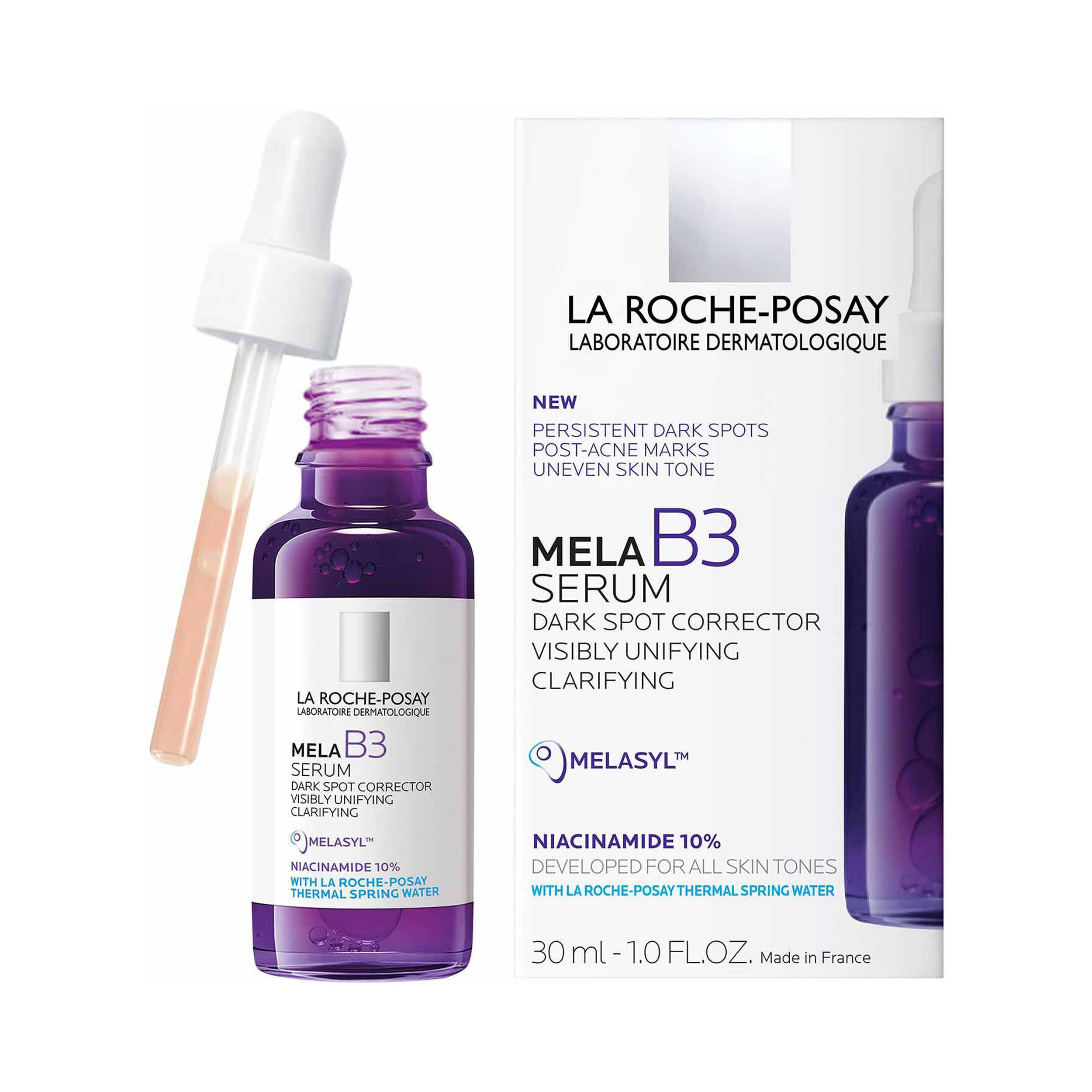 La Roche-Posay Mela B3 Serum with dropper and packaging on a white background