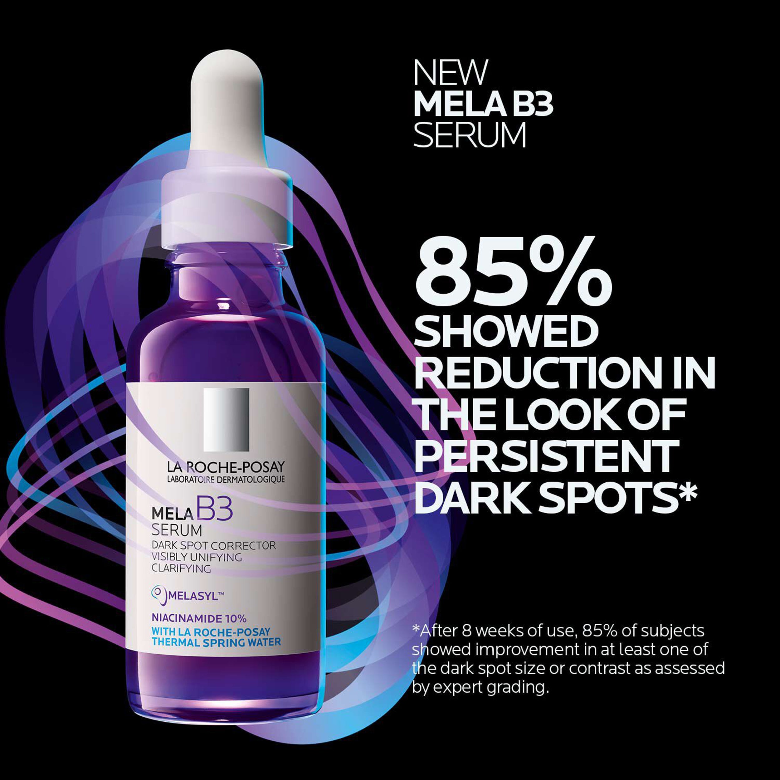La Roche-Posay Mela B3 Serum bottle with promotional text on a black background