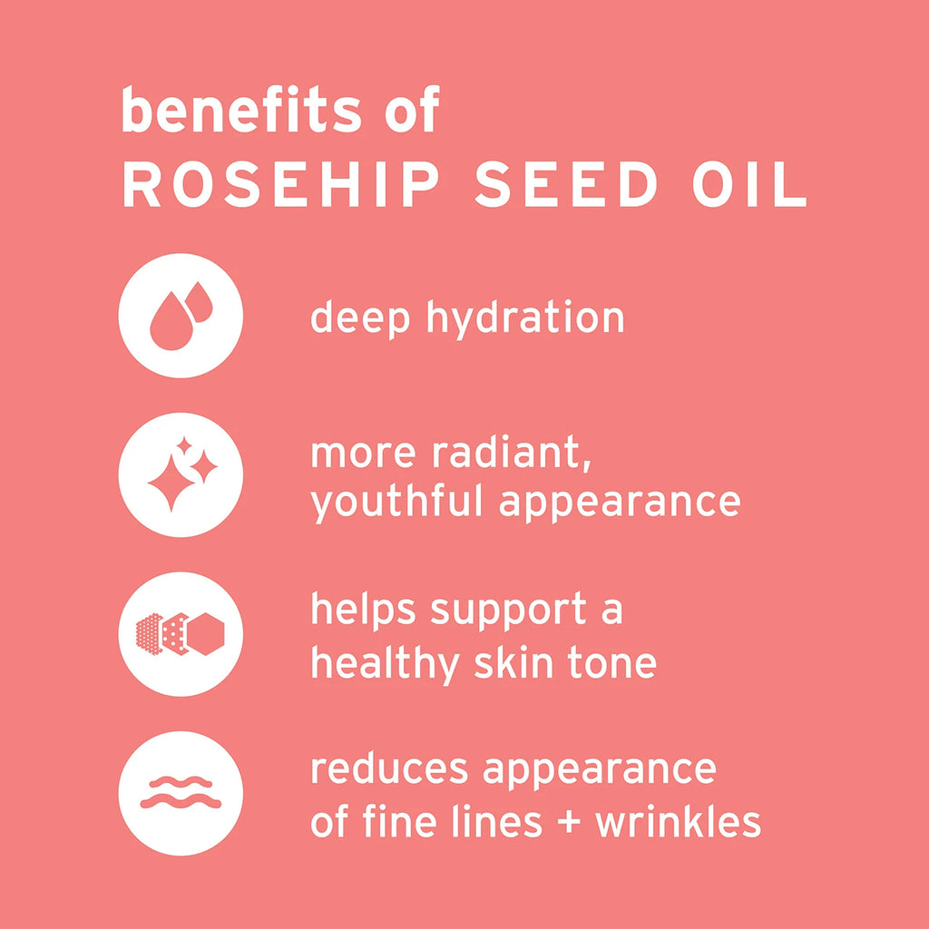 List of benefits of rosehip seed oil on a pink background