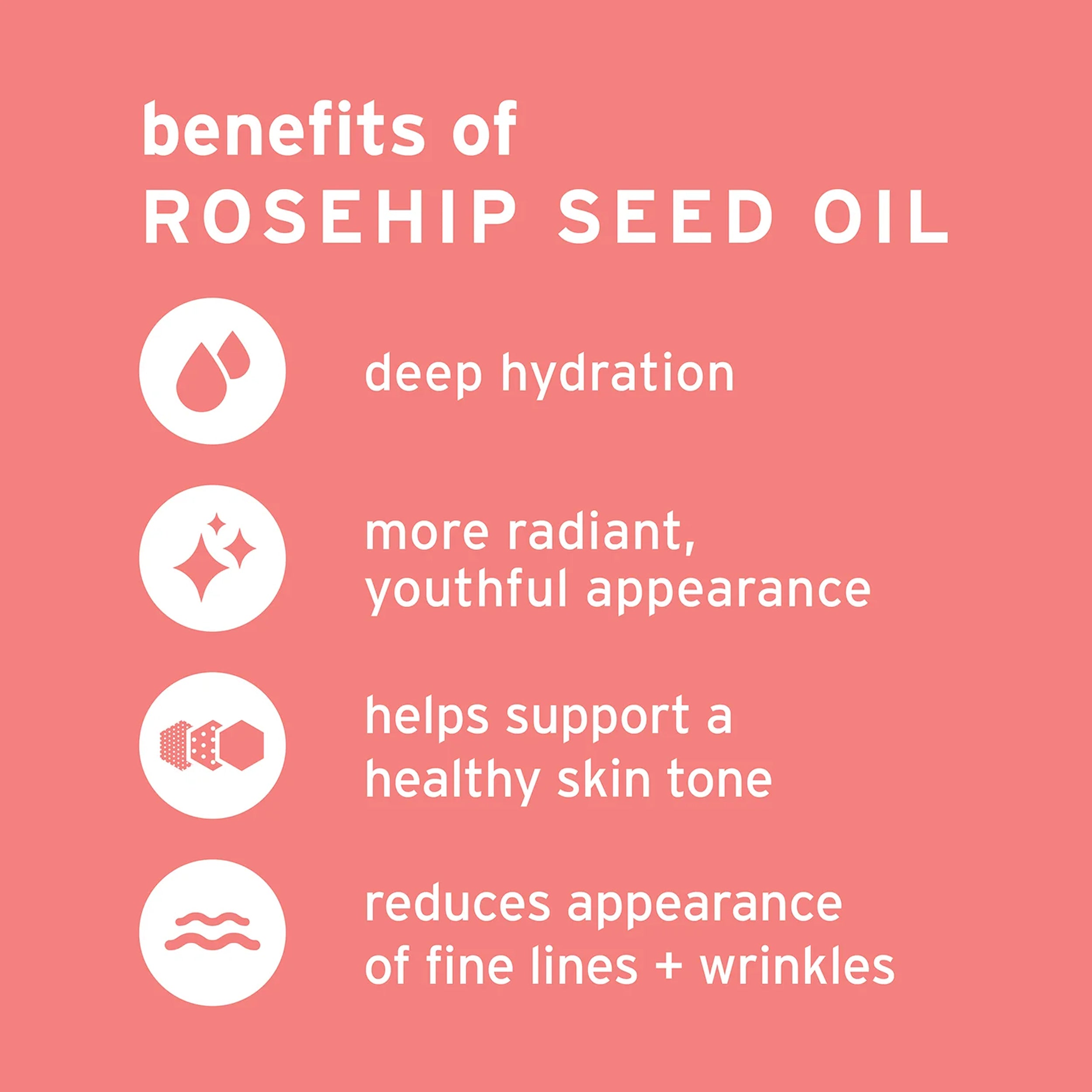 List of benefits of rosehip seed oil on a pink background
