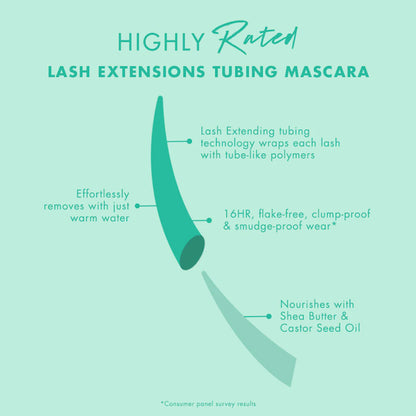 Lash extensions tubing mascara with features highlighted on a light green background
