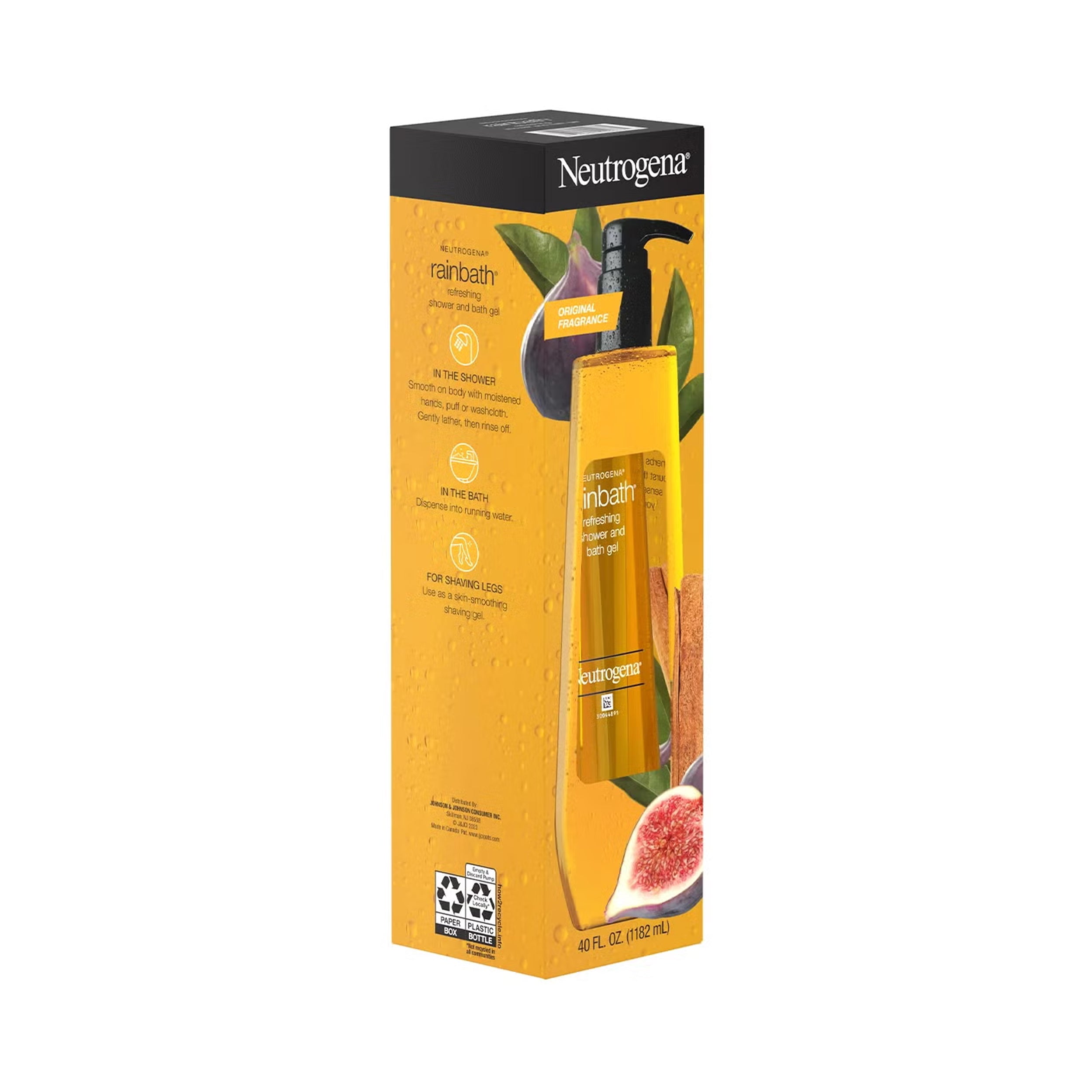 Neutrogena Clear + Bright rainbath moisturizing hair wash in a yellow bottle with a black pump, shown in its orange and yellow packaging box with fig and cinnamon illustrations.