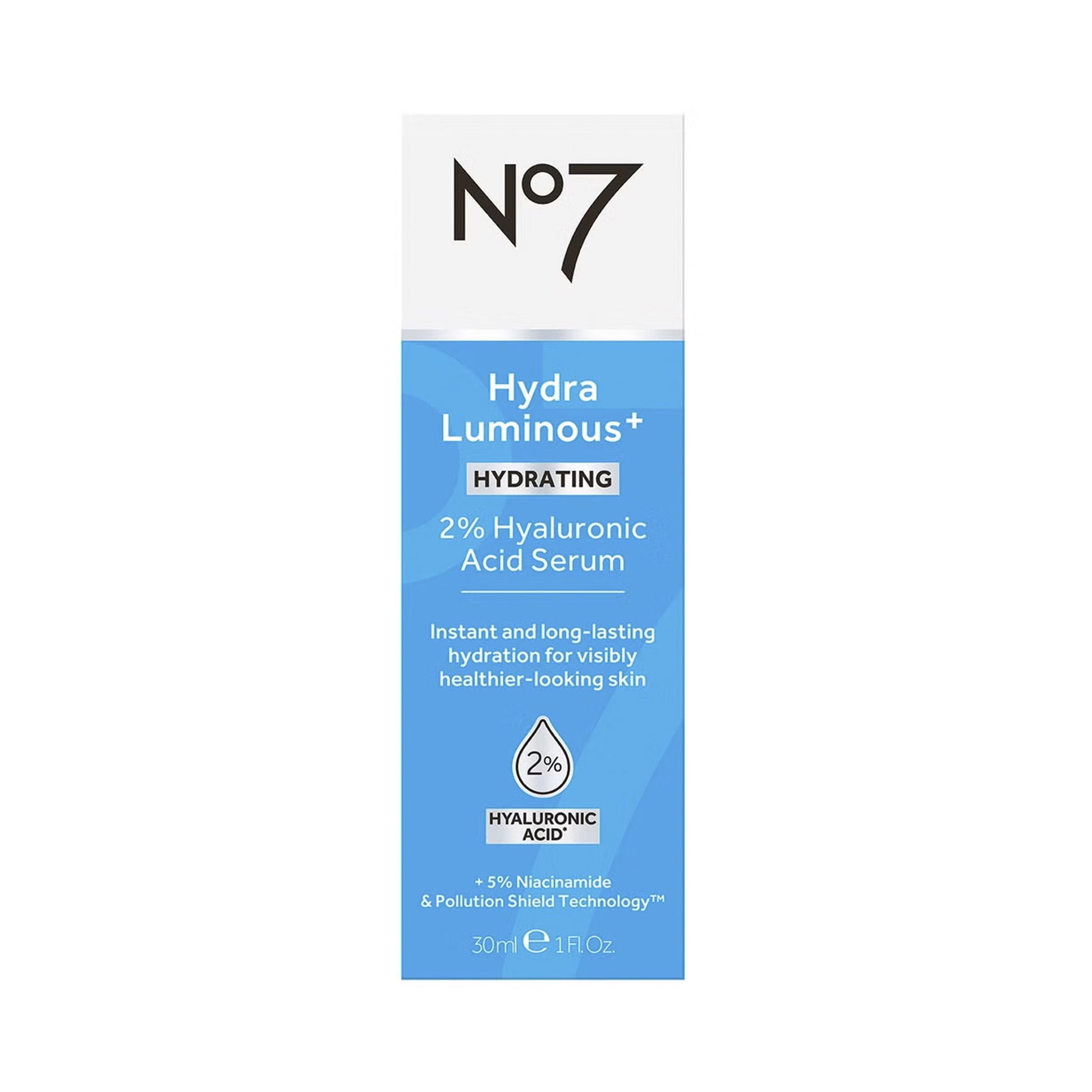 No7 Hydra Luminous+ Hydrating 2% Hyaluronic Acid Serum packaging on a white background