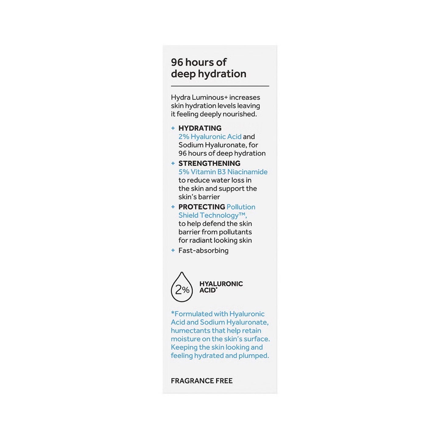 Product label with text about deep hydration, hyaluronic acid, and sodium hyaluronate on a white background.