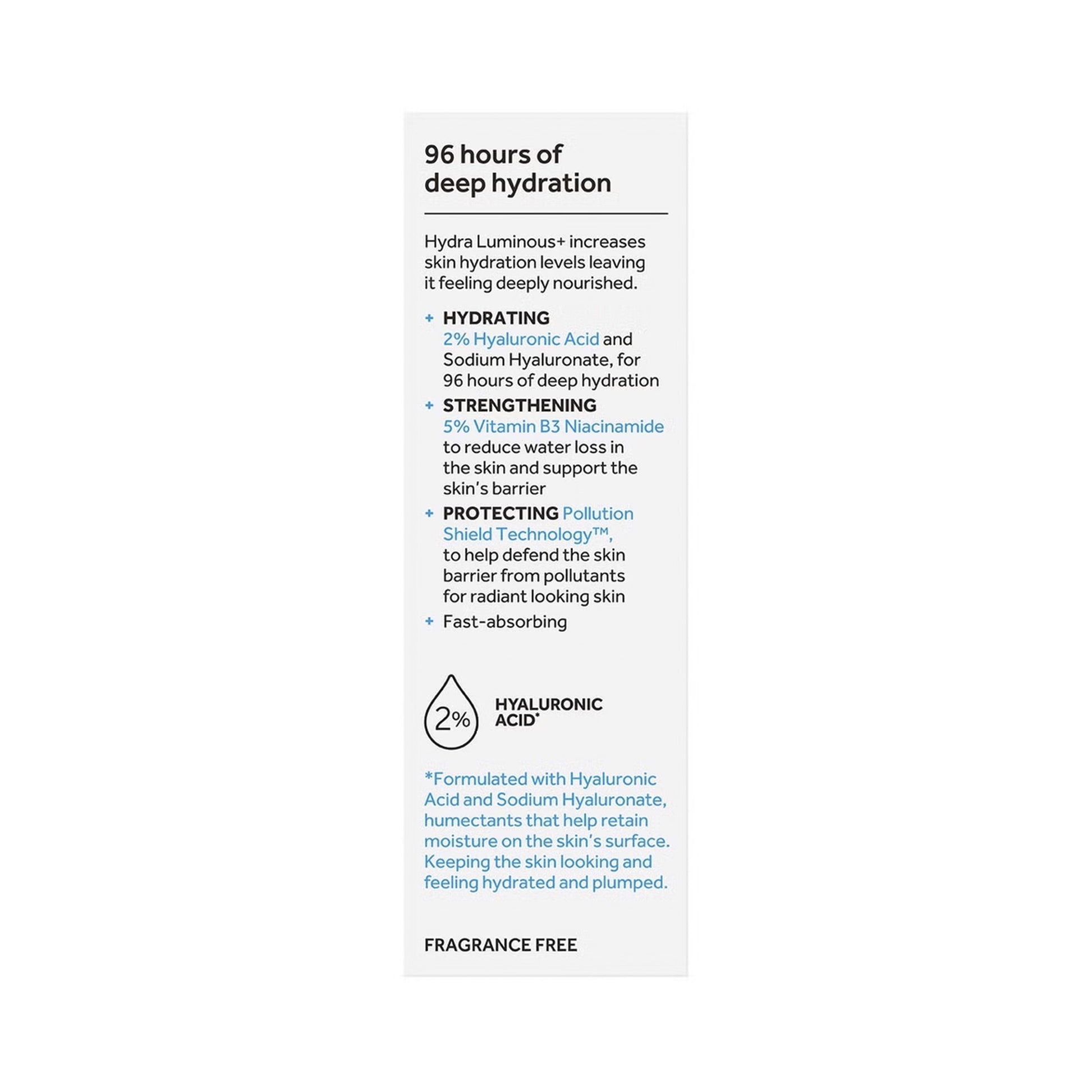 Product label with text about deep hydration, hyaluronic acid, and sodium hyaluronate on a white background.