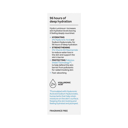 Product label with text about deep hydration, hyaluronic acid, and sodium hyaluronate on a white background.