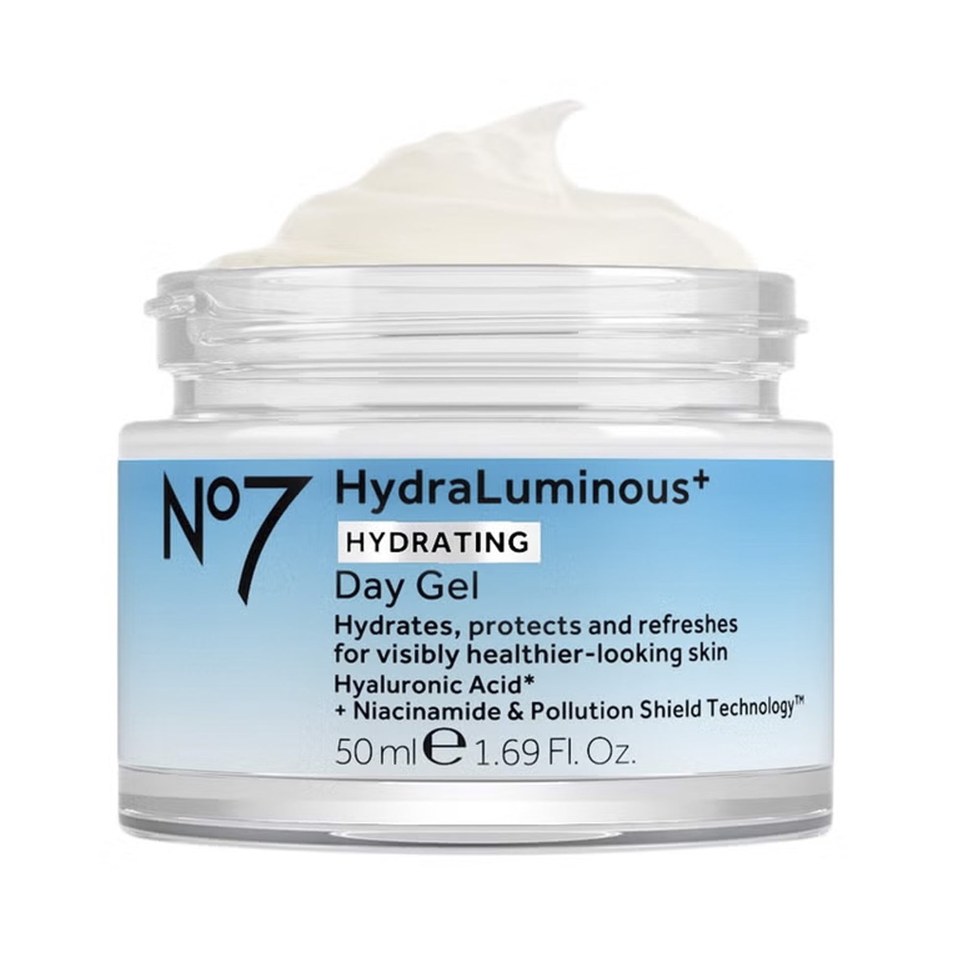 No7 HydraLuminous+ Hydrating Day Gel jar with cream on top on a white background
