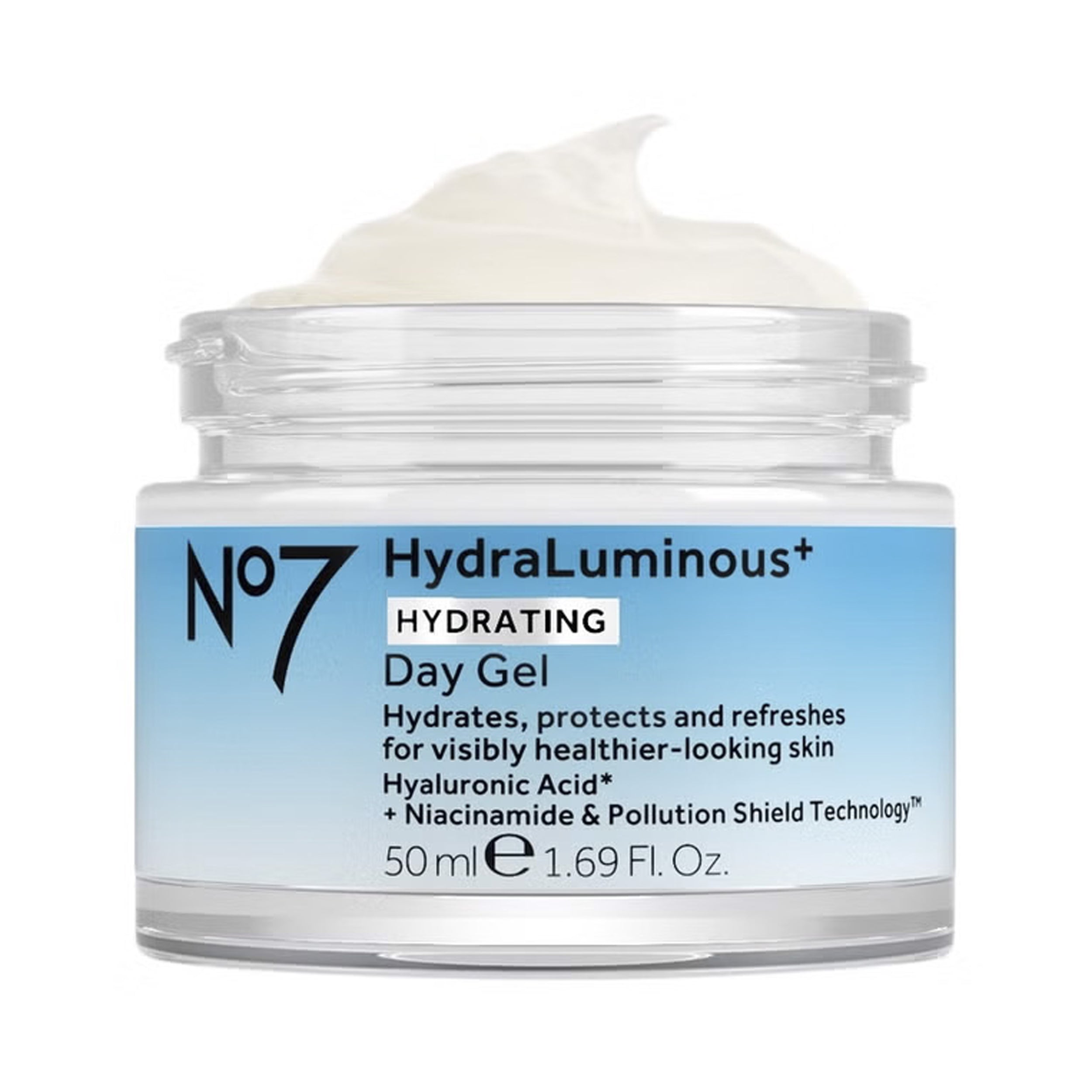 No7 HydraLuminous+ Hydrating Day Gel jar with cream on top on a white background