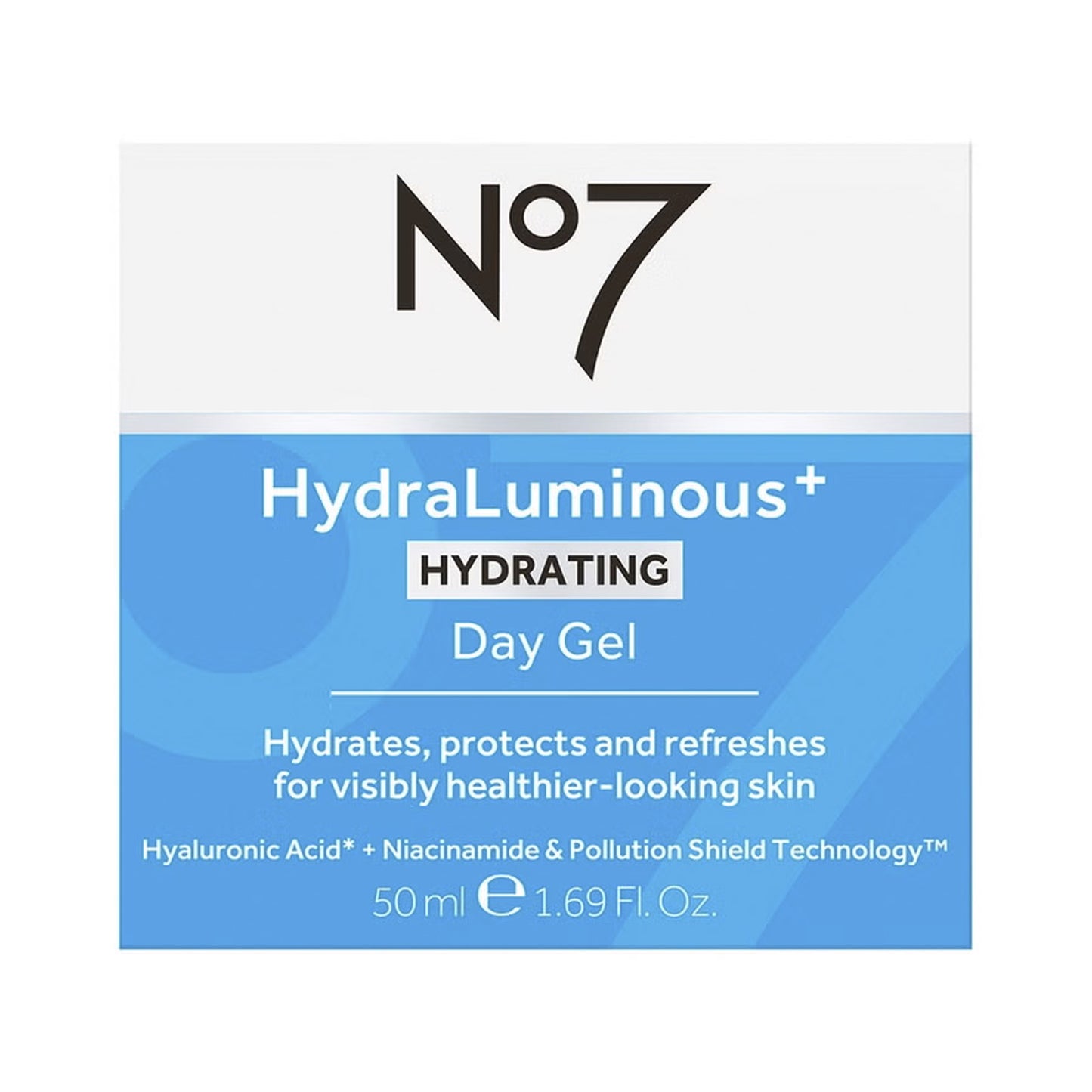 No7 HydraLuminous+ Hydrating Day Gel packaging on a white background