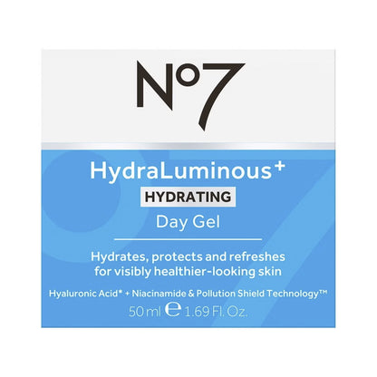 No7 HydraLuminous+ Hydrating Day Gel packaging on a white background
