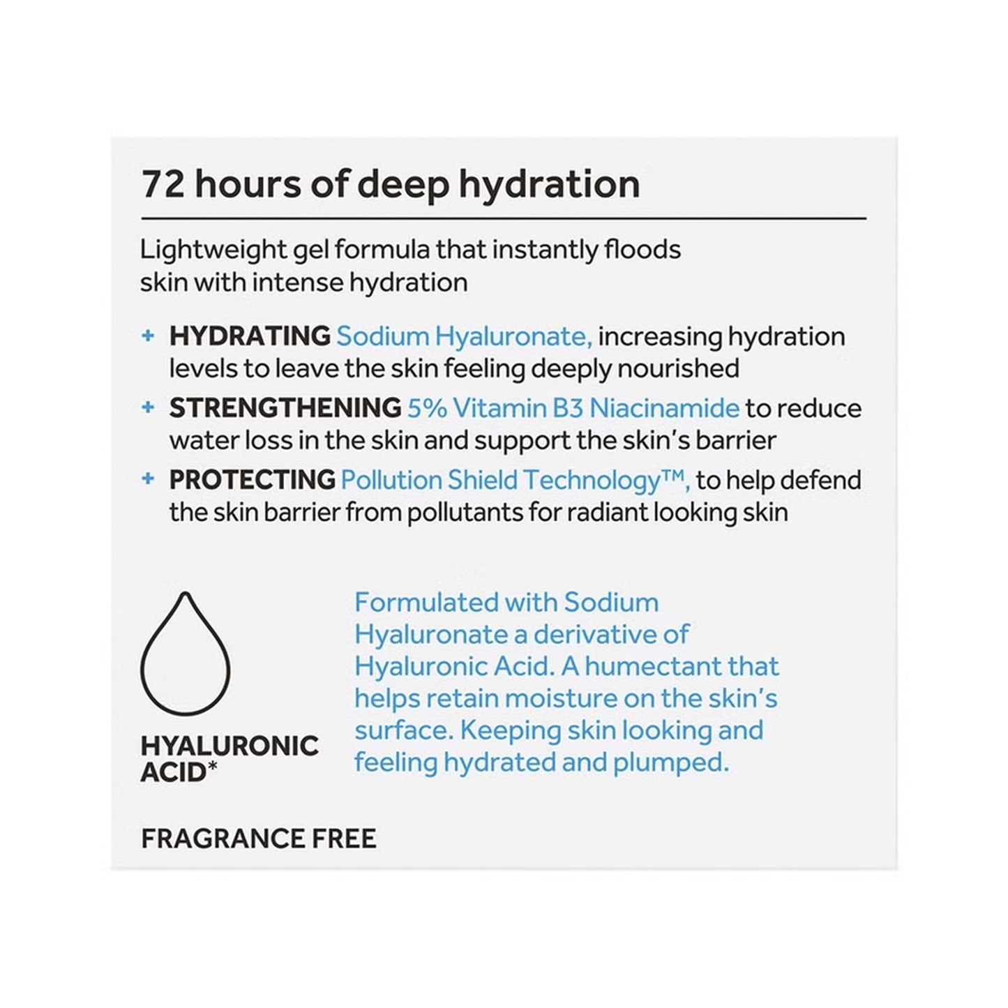 Product description card highlighting hydration benefits and ingredients on a white background