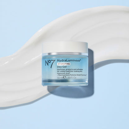 No7 HydraLuminous Day Gel jar on a light blue background