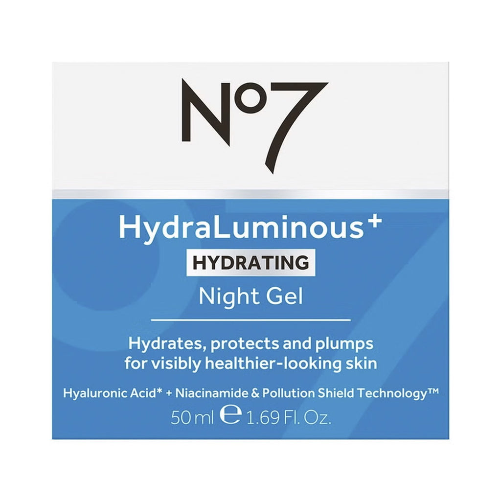 No7 HydraLuminous+ Hydrating Night Gel packaging on a white background