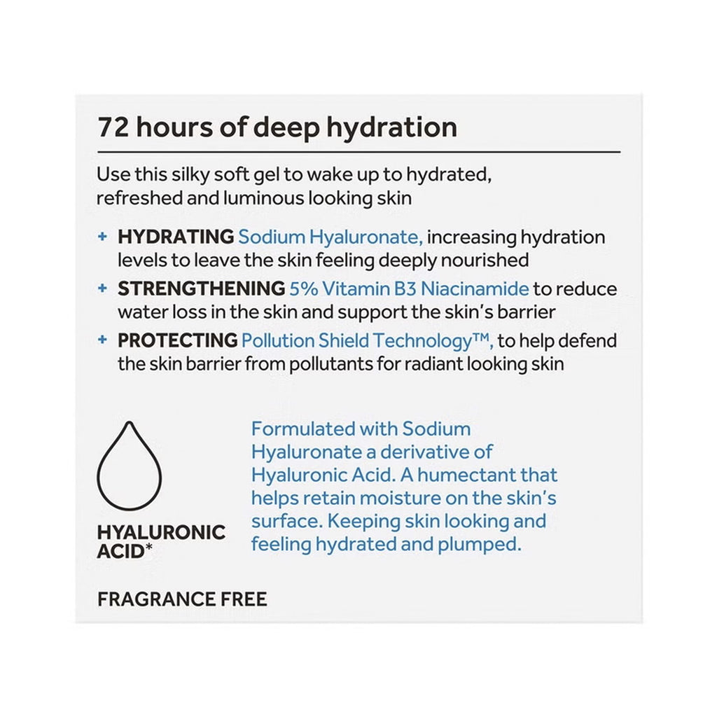 Product description card detailing hydration benefits and ingredients on a white background