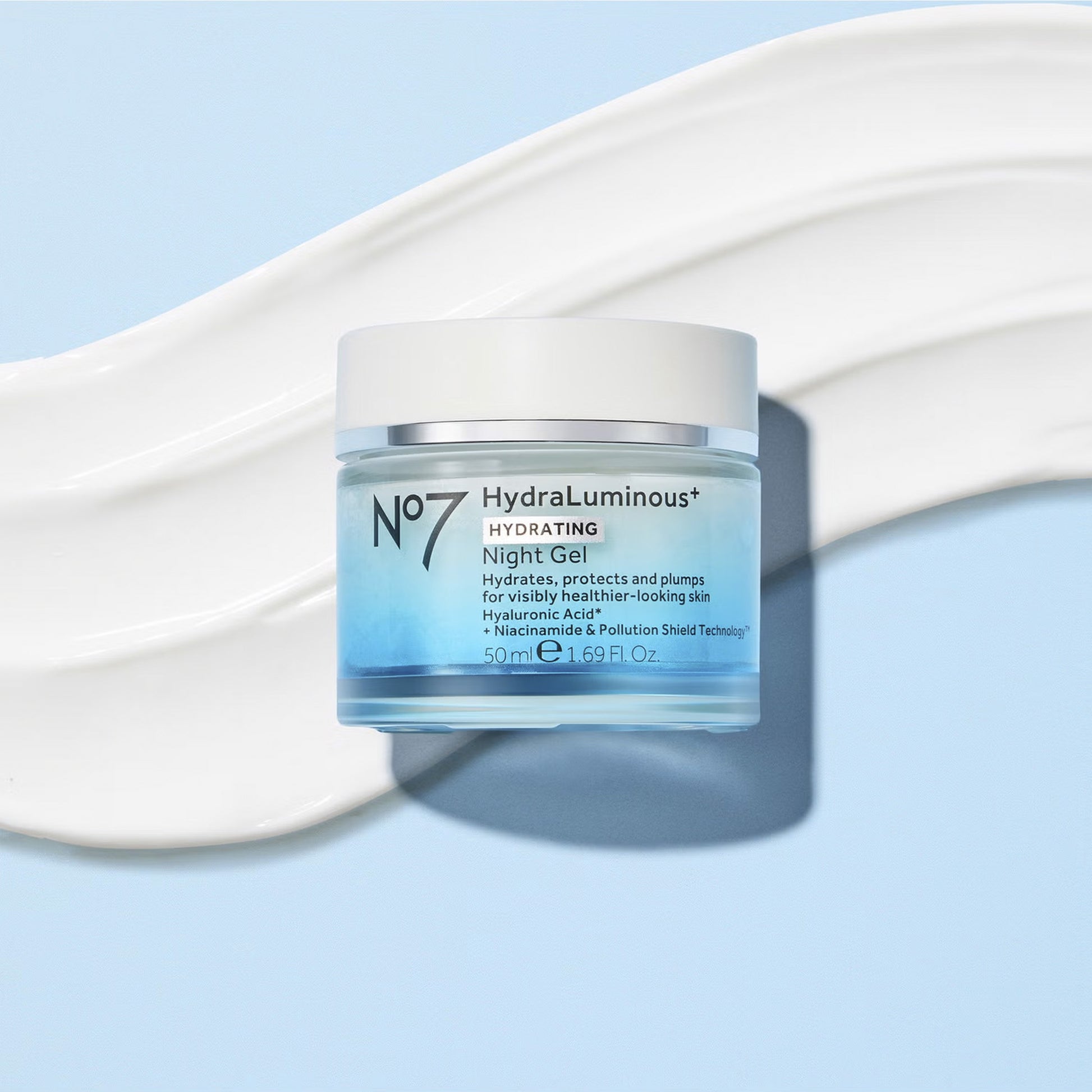 No7 HydraLuminous Hydrating Night Gel jar on a light blue background