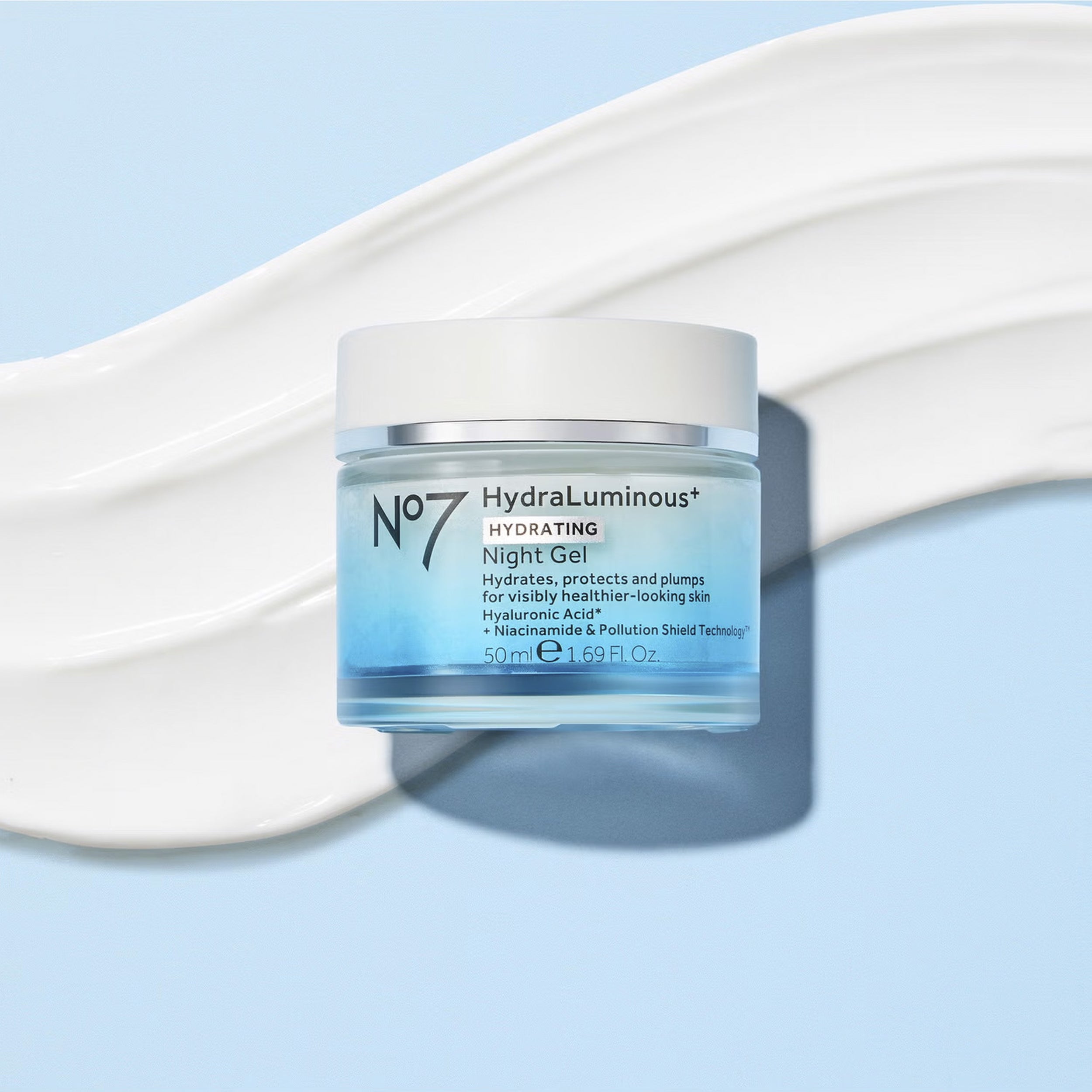No7 HydraLuminous Hydrating Night Gel jar on a light blue background