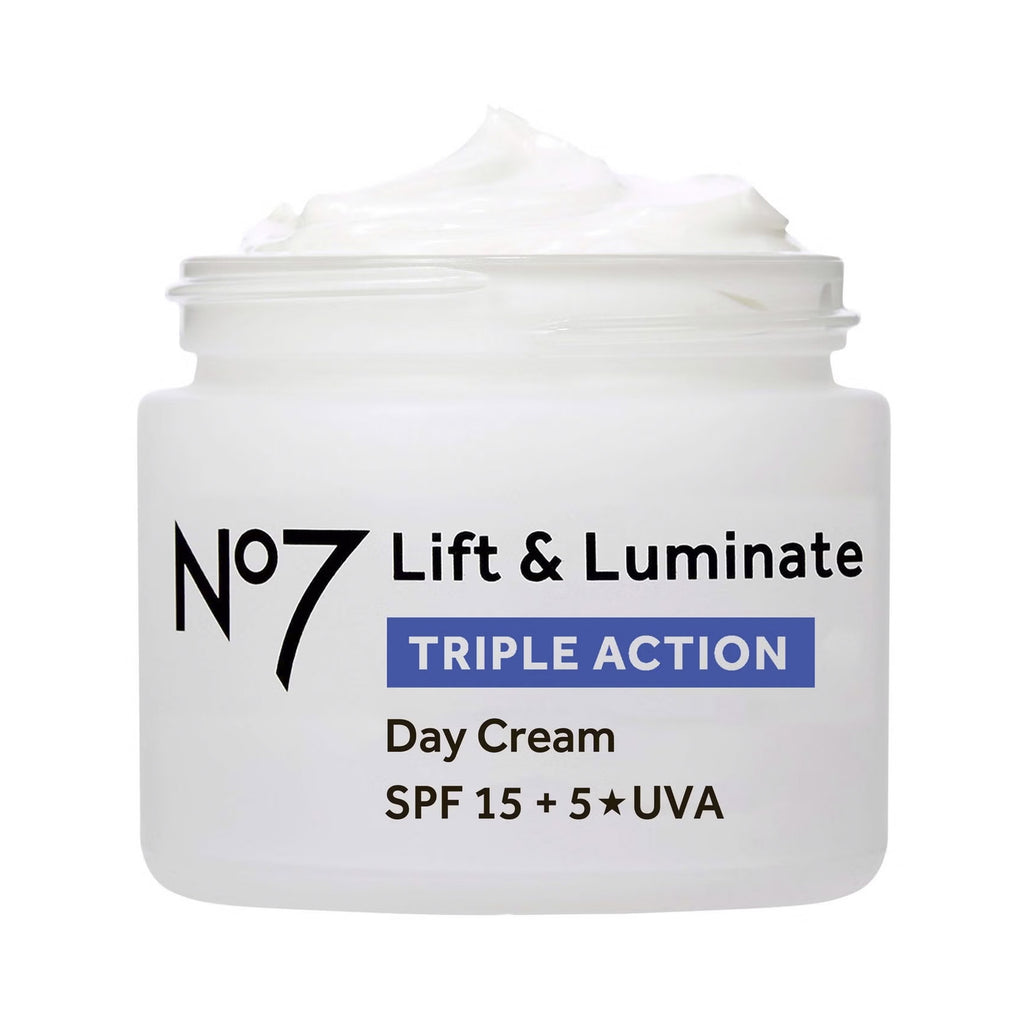 No7 Lift & Luminate Triple Action Day Cream jar on a white background