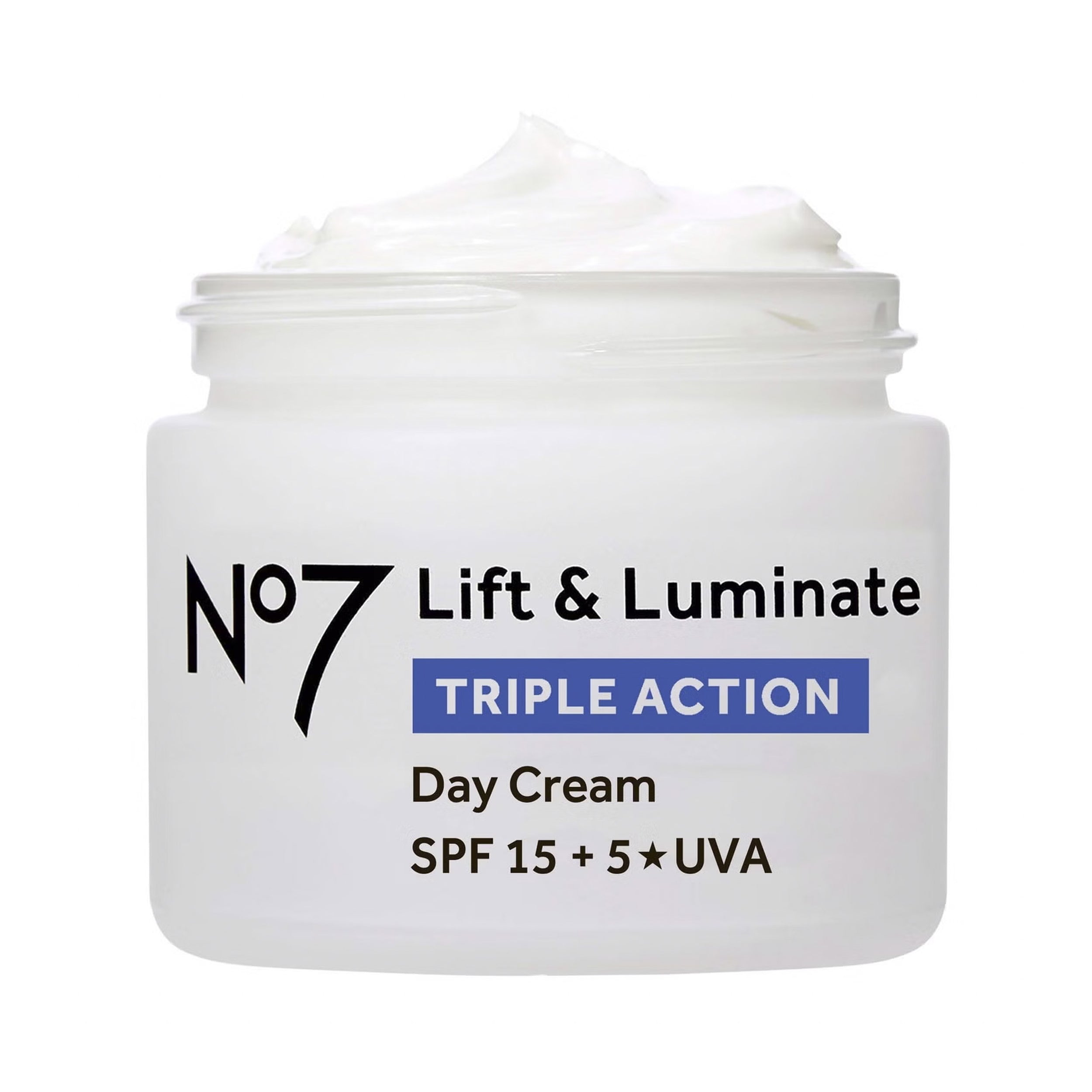 No7 Lift & Luminate Triple Action Day Cream jar on a white background