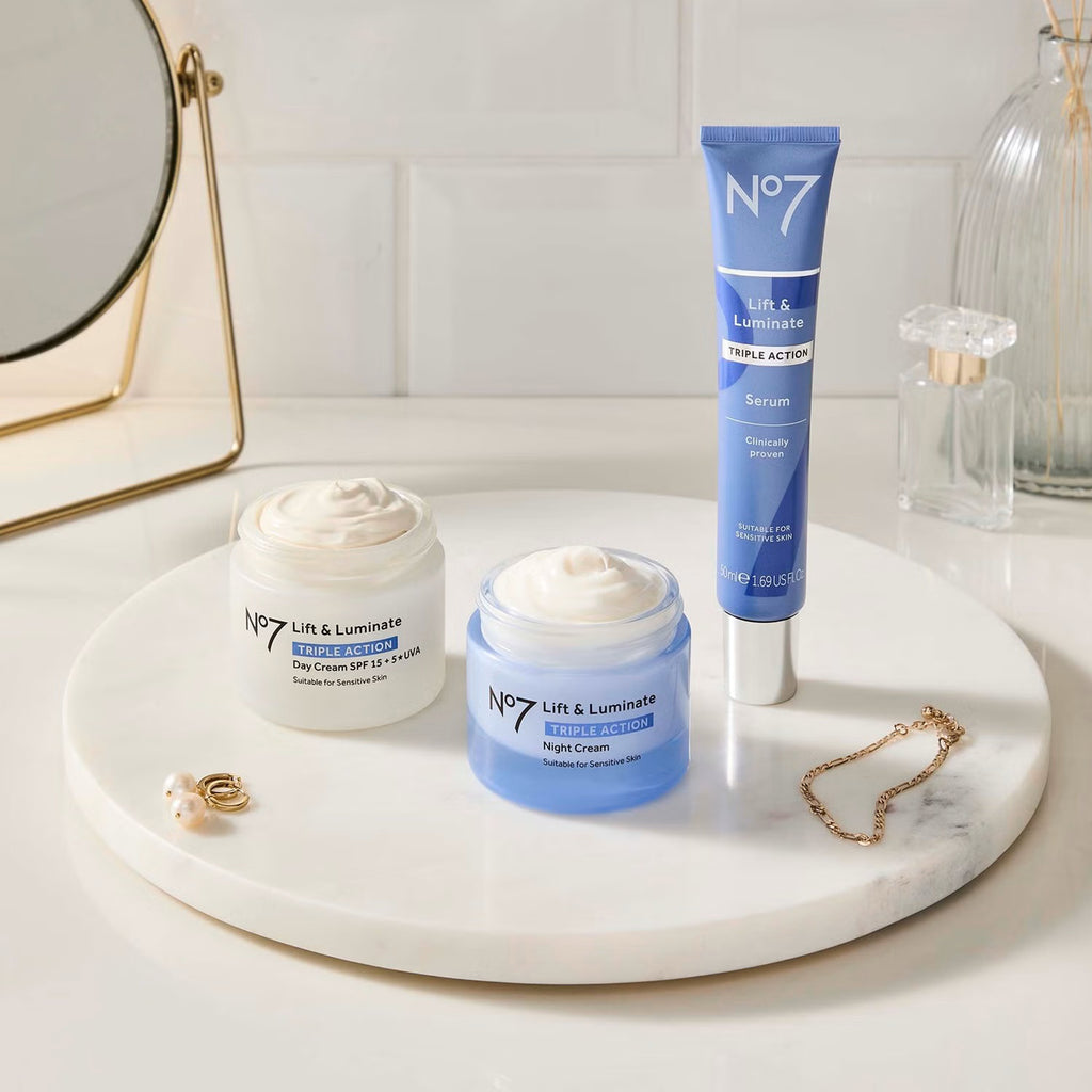 No7 skincare products on a marble tray with a mirror in the background