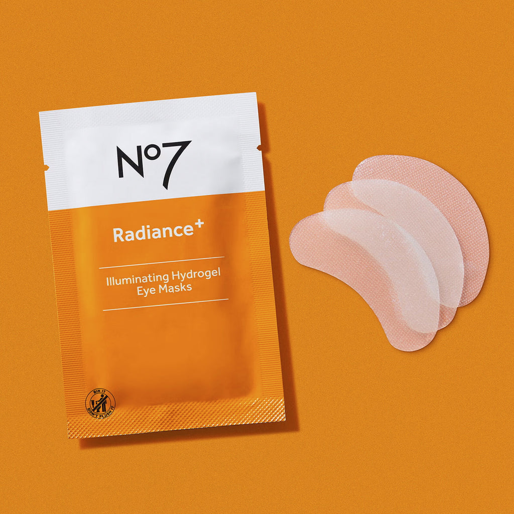 No7 Radiance+ Illuminating Hydrogel Eye Masks on an orange background