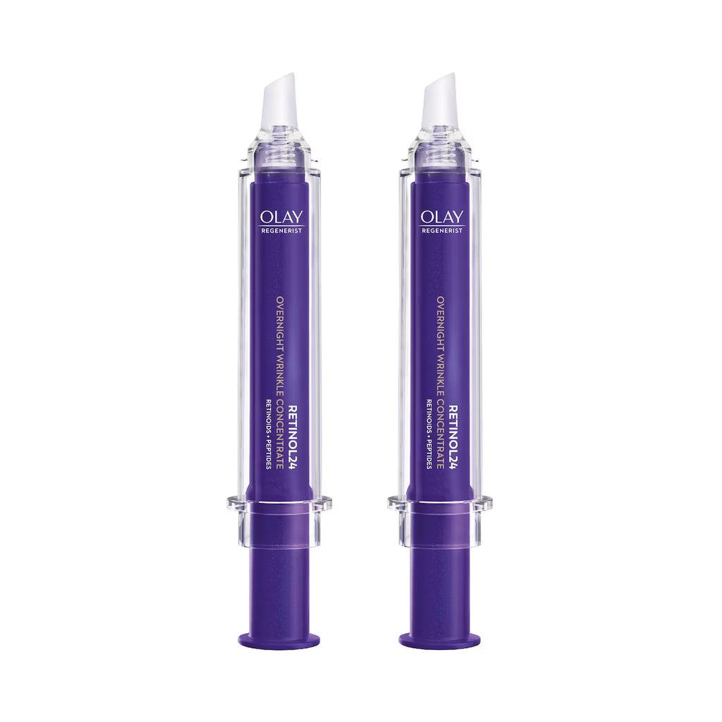 Two Olay Retinol 3A Overnight Wrinkle Envision tubes in purple packaging with clear caps, shown side by side on a white background.