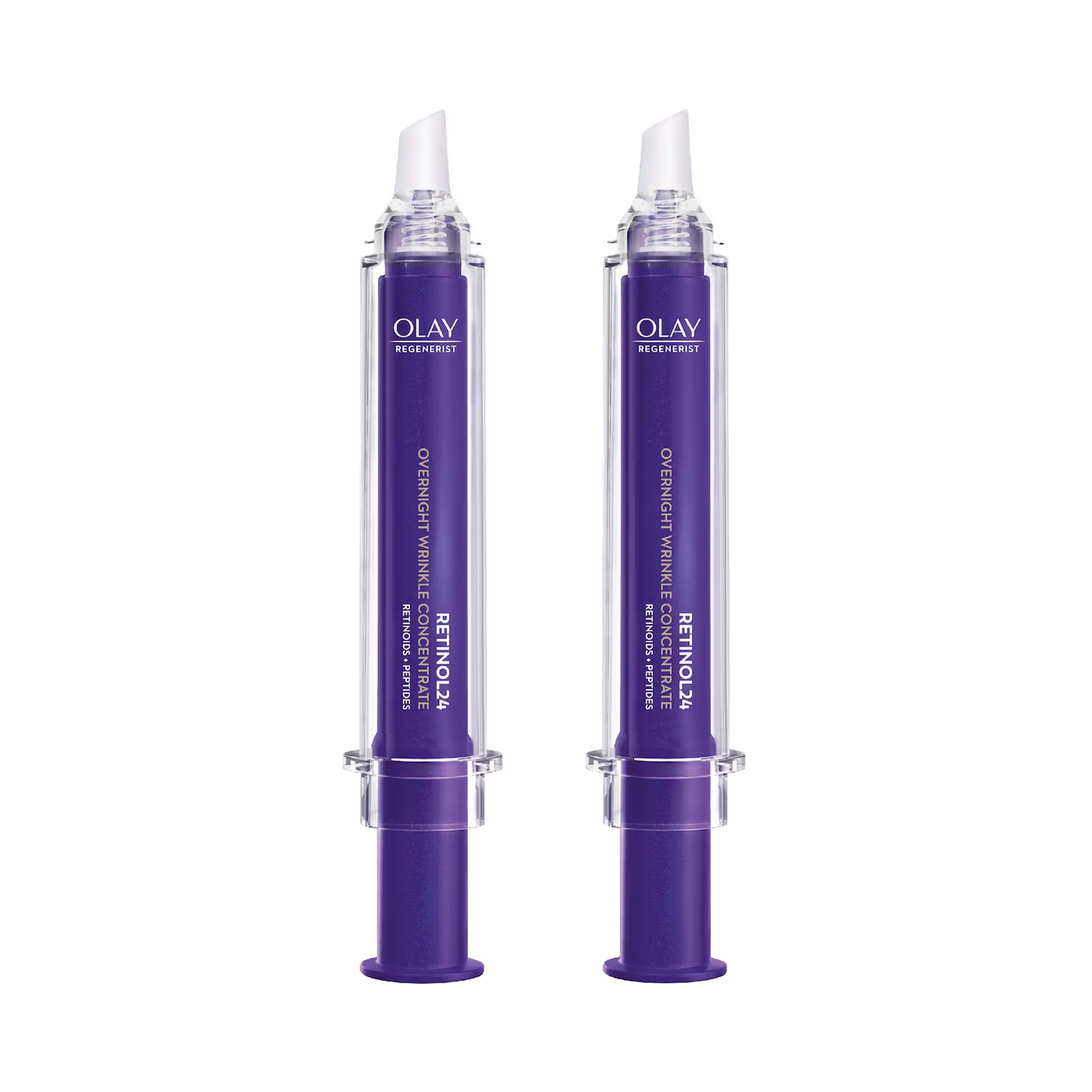 Two Olay Retinol 3A Overnight Wrinkle Envision tubes in purple packaging with clear caps, shown side by side on a white background.