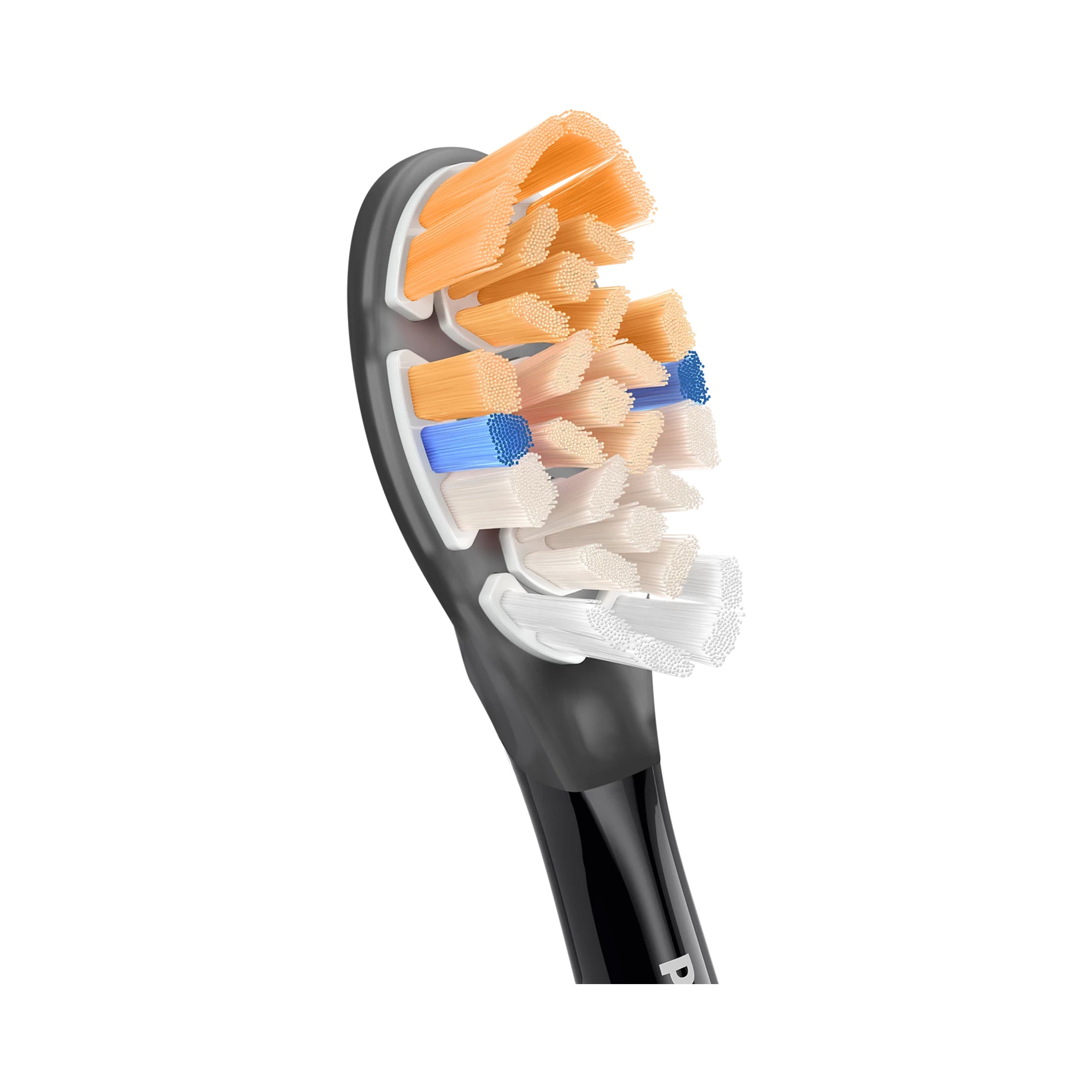 Close-up of a black electric toothbrush head with orange and blue bristle design on a white background