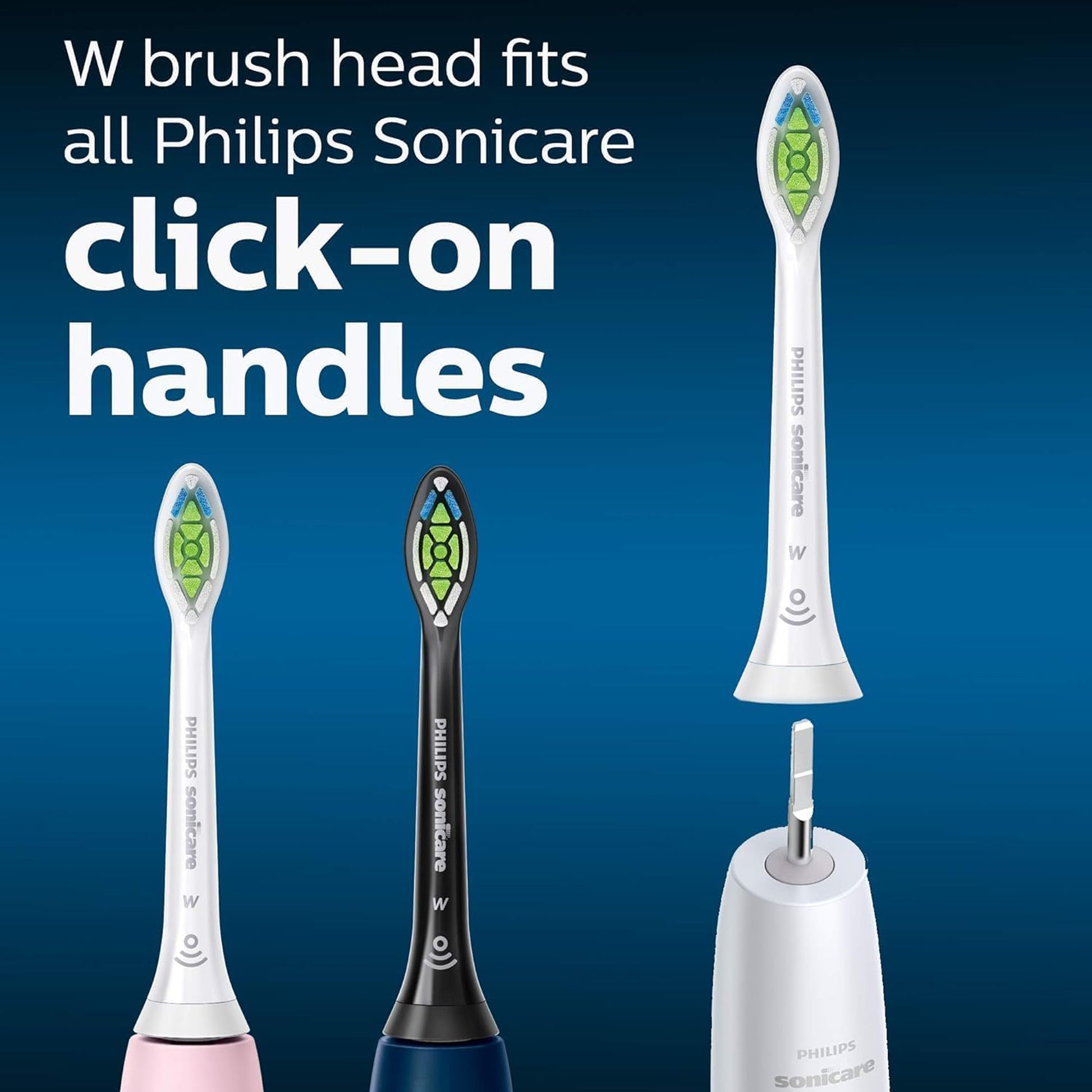 Philips Sonicare brush head compatibility with various handles on a blue background