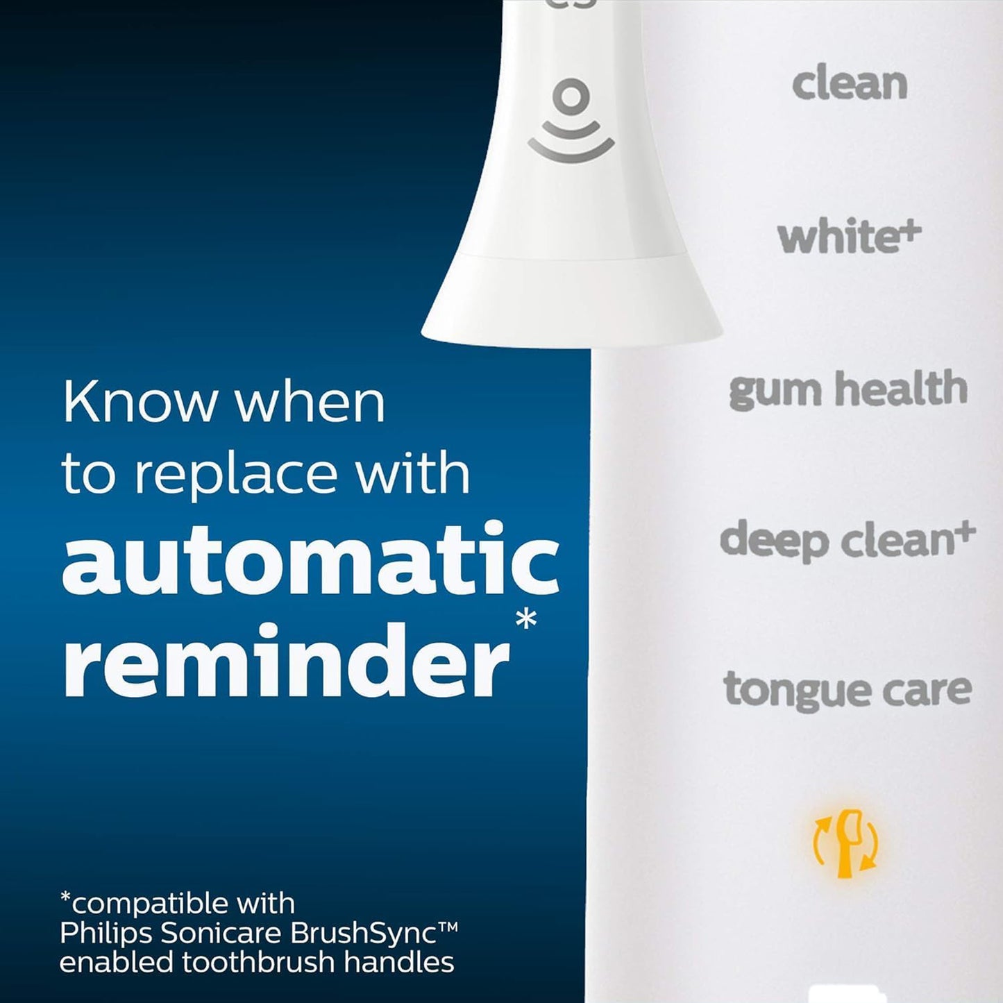 Philips Sonicare toothbrush with features listed on a blue and white background