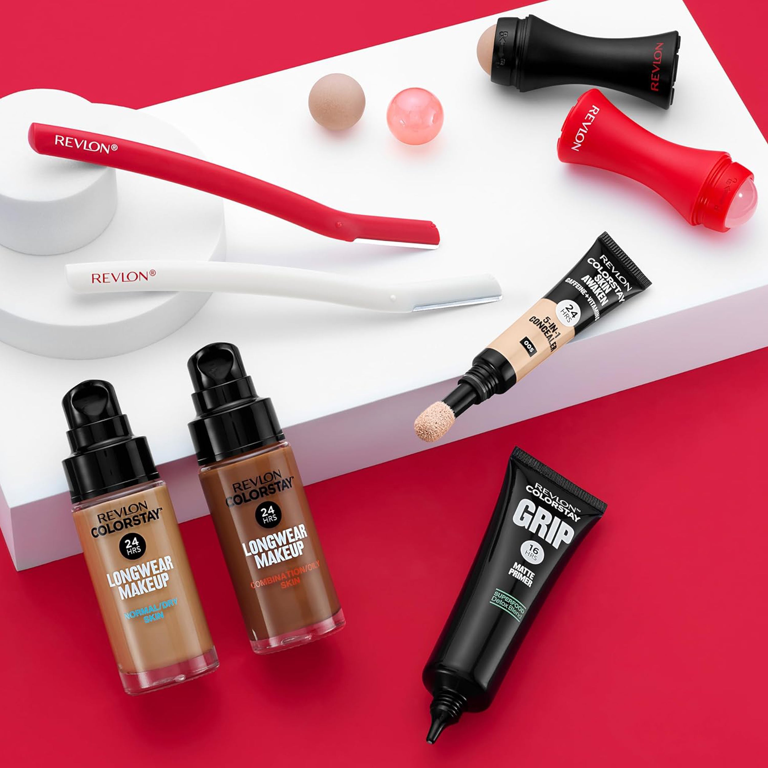 Revlon makeup products including foundation bottles and a brush on a red and white background