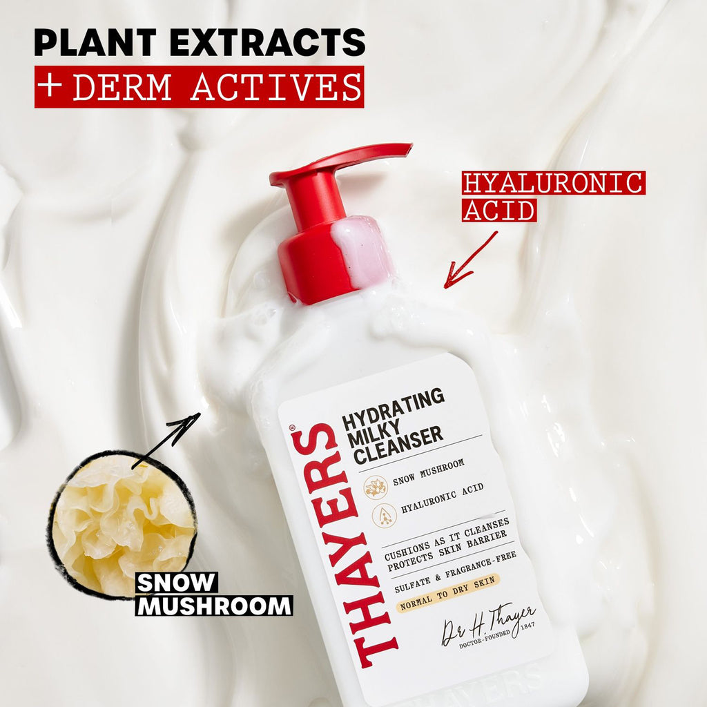 Thayers Hydrating Milky Cleanser bottle with plant extracts and derm actives on a white background