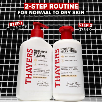 Two bottles of Thayers Hydrating Milky products on a black tiled background with text indicating a 2-step routine.