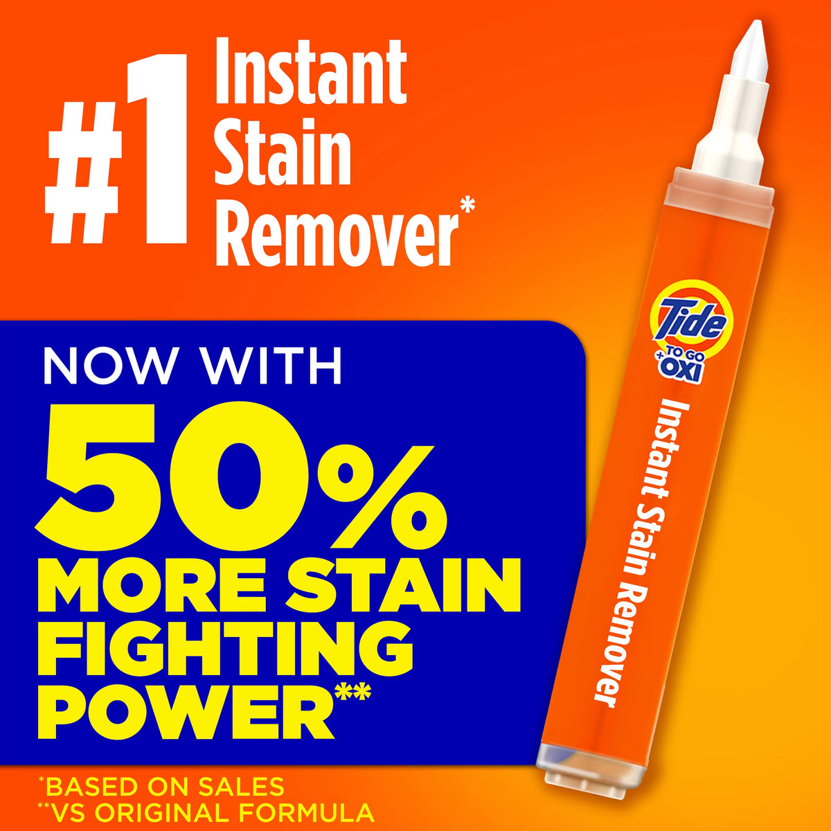 Tide Jeans Oxi Instant Stain Remover promotional graphic on an orange-to-yellow gradient background, with a single orange stain-removal marker shown at the right and large marketing text including '#1 Instant Stain Remover' and 'NOW WITH 50% MORE STAIN FIGHTING POWER'.