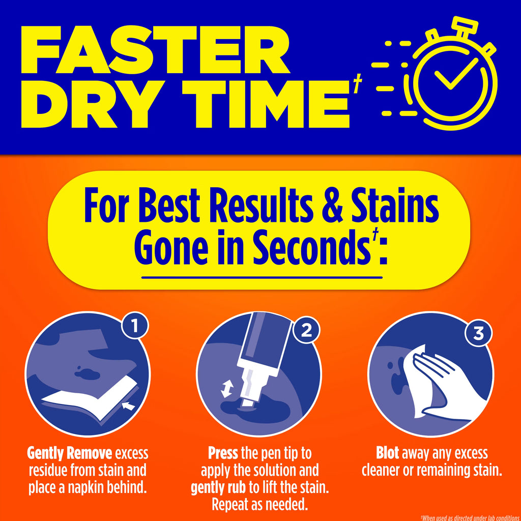An orange and blue product instruction graphic with the headline 'FASTER DRY TIME' and a stopwatch icon. It shows three numbered steps with icons and text for removing excess residue, applying and rubbing a stain-lifting solution, and blotting excess cleaner.