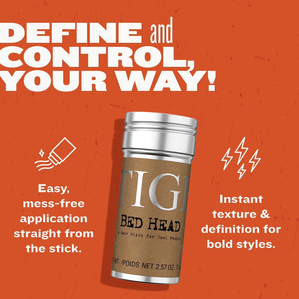 Bed Head hair stick packaging with text on an orange background