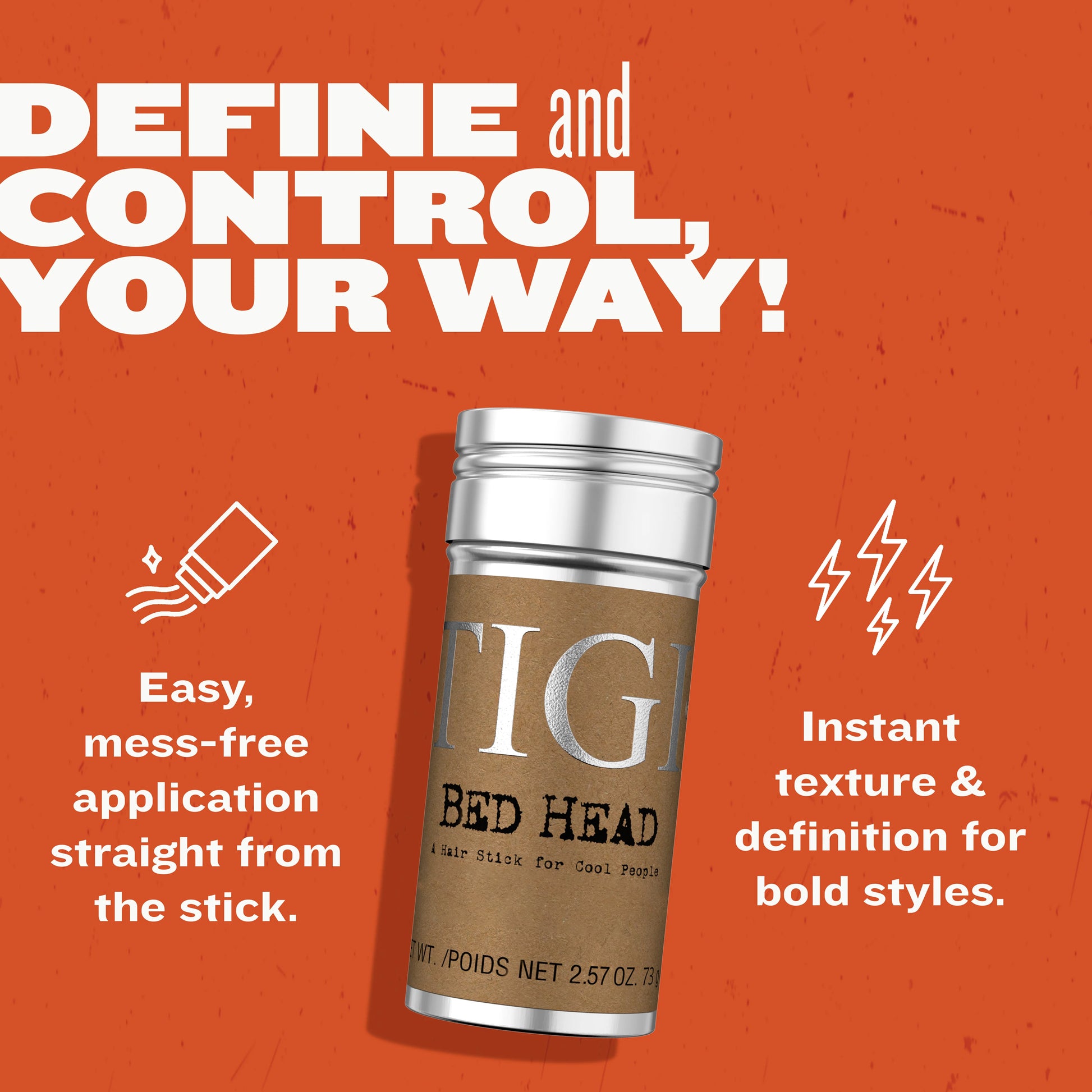 Bed Head hair stick packaging with text on an orange background