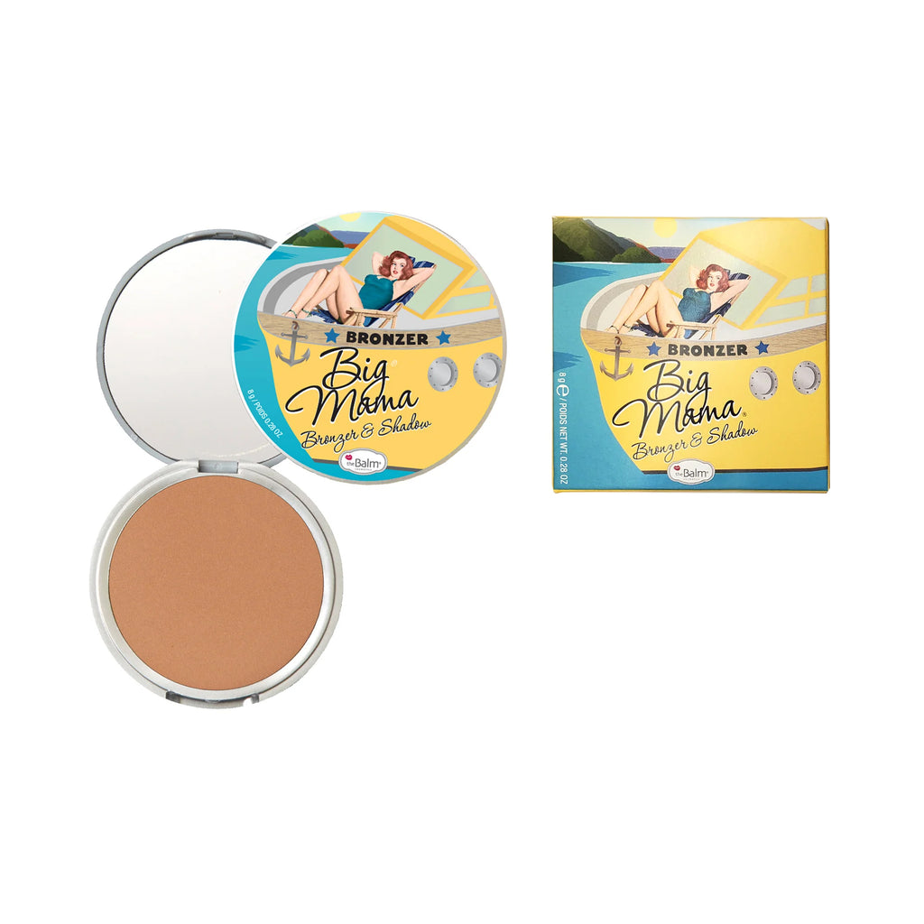 Compact bronzer with mirror and packaging labeled 'Big Mama' on a white background