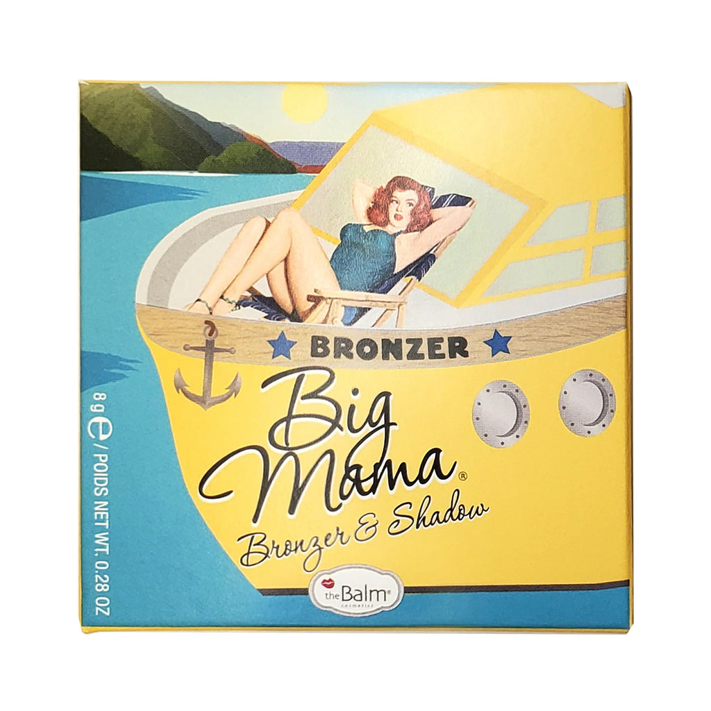 Product packaging for 'Big Mama' bronzer and shadow by theBalm with a vintage-style illustration of a woman on a boat.