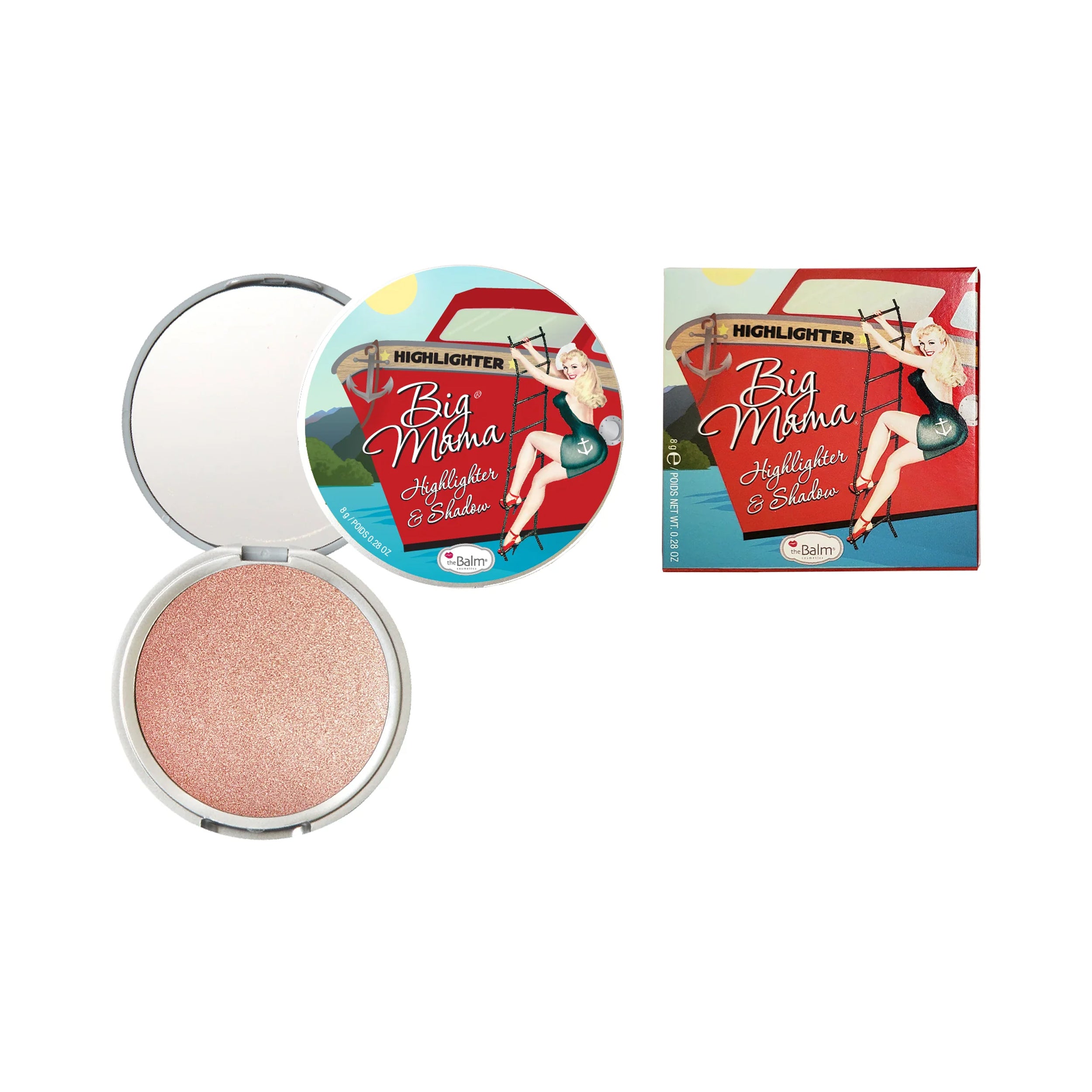 theBalm Big mama Highlighter with mirror and packaging featuring a vintage design on a white background
