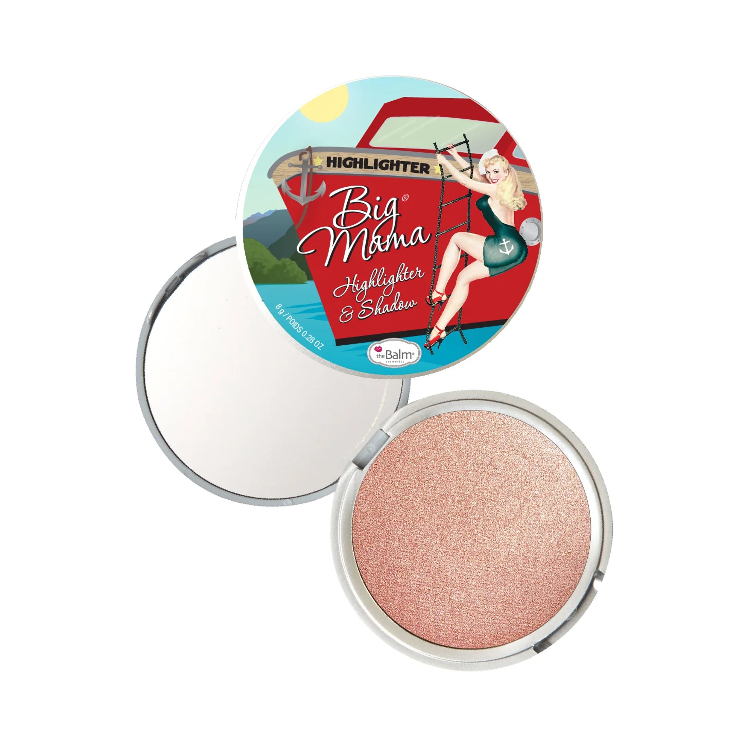 Makeup compact with pink highlighter and 'theBalm Big Mama' branding on a white background