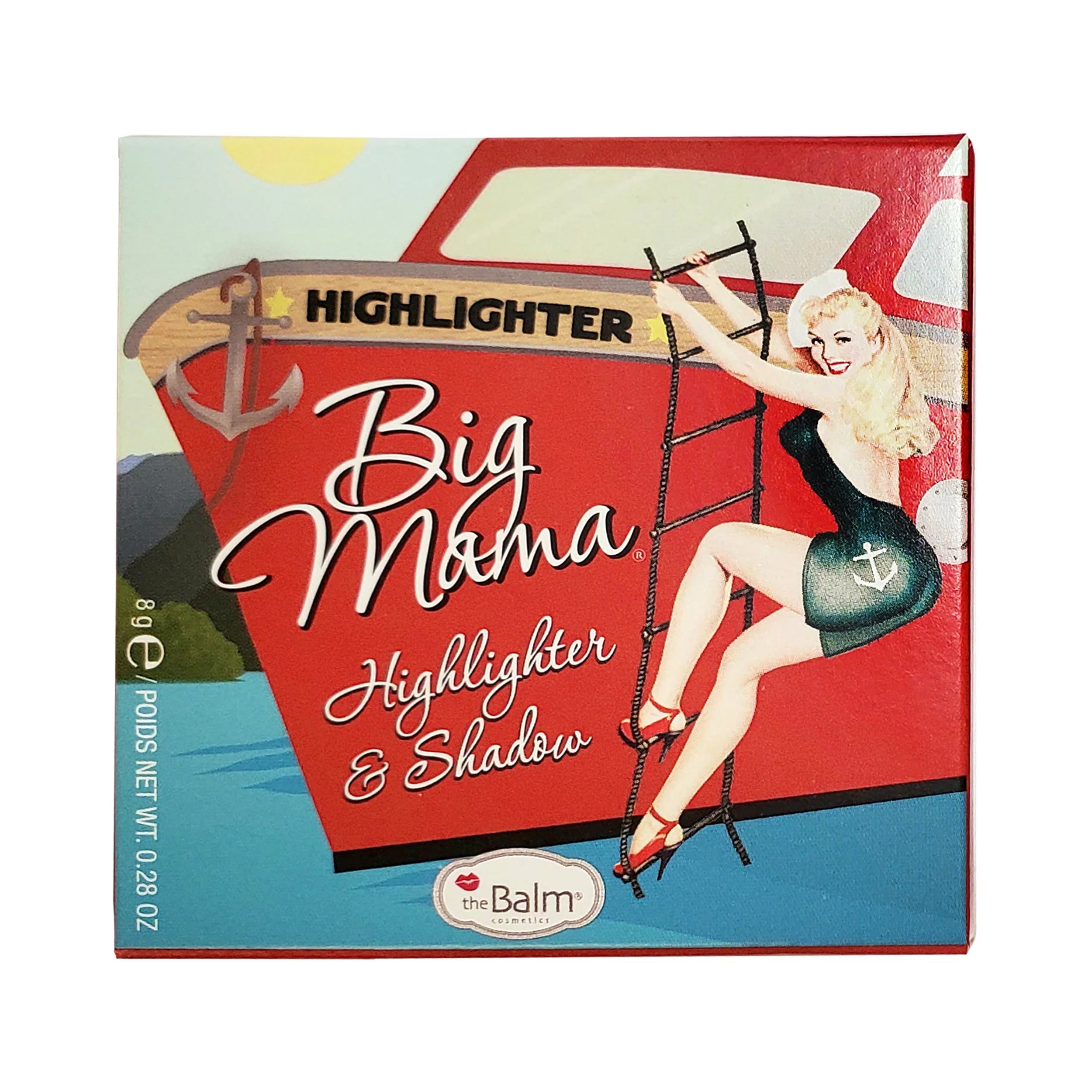 Box of 'theBalm Big mama' highlighter and shadow by theBalm with a vintage design.