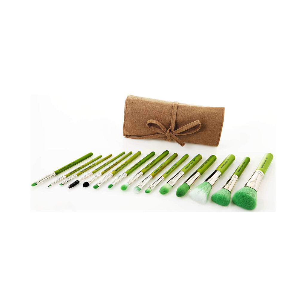 BDellium Tools Green Bambu Complete 15pc. Brush Set with Roll-up Pouch