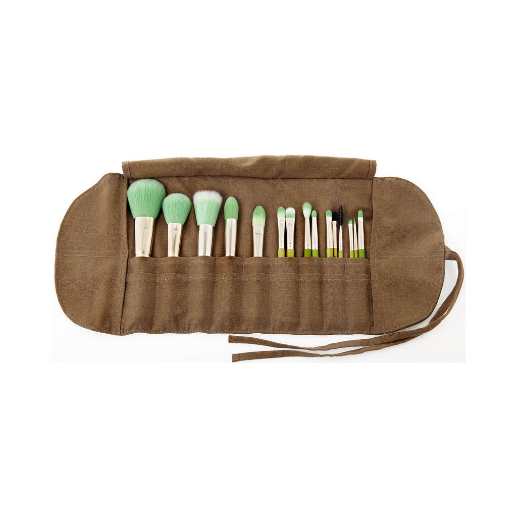 BDellium Tools Green Bambu Complete 15pc. Brush Set with Roll-up Pouch