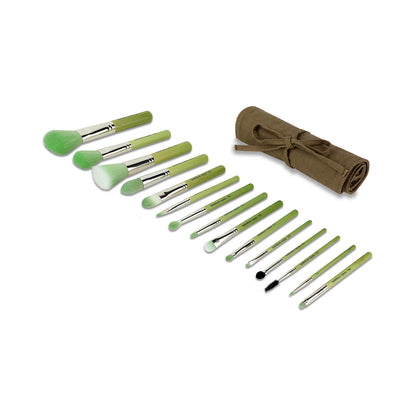 BDellium Tools Green Bambu Complete 15pc. Brush Set with Roll-up Pouch