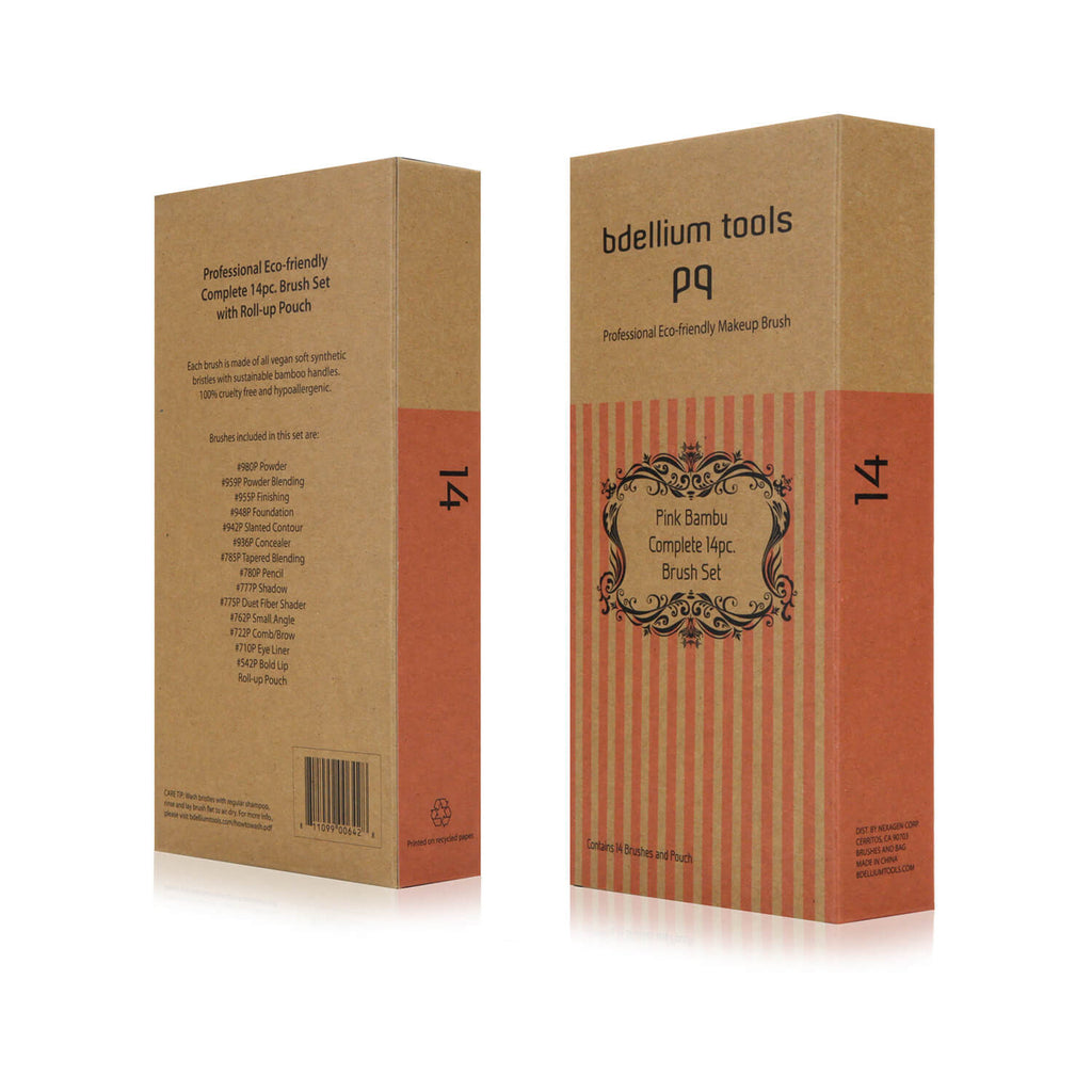 BDellium Tools Pink Bambu Complete 14pc Brush Set with Roll-up Pouch Package